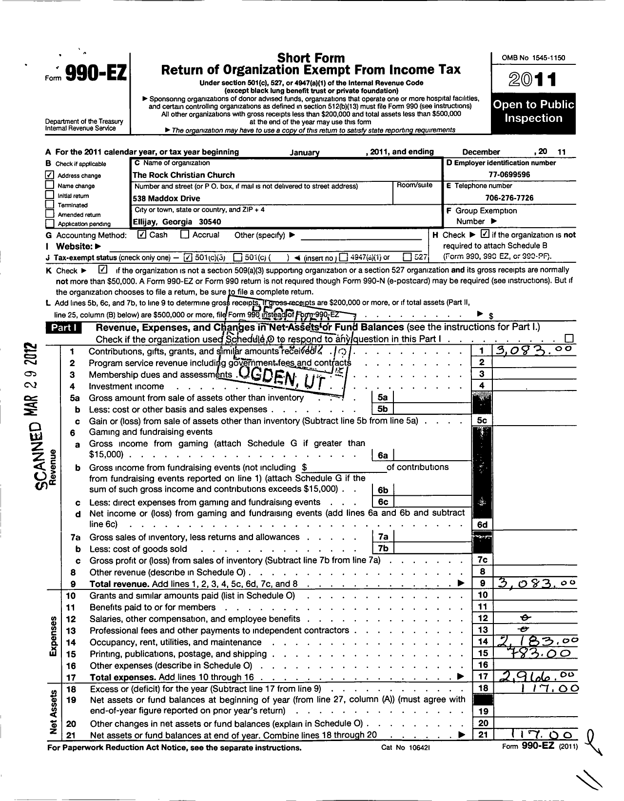 Image of first page of 2011 Form 990EZ for Rock Christian Church / Safe Heaven Women Rehab Center