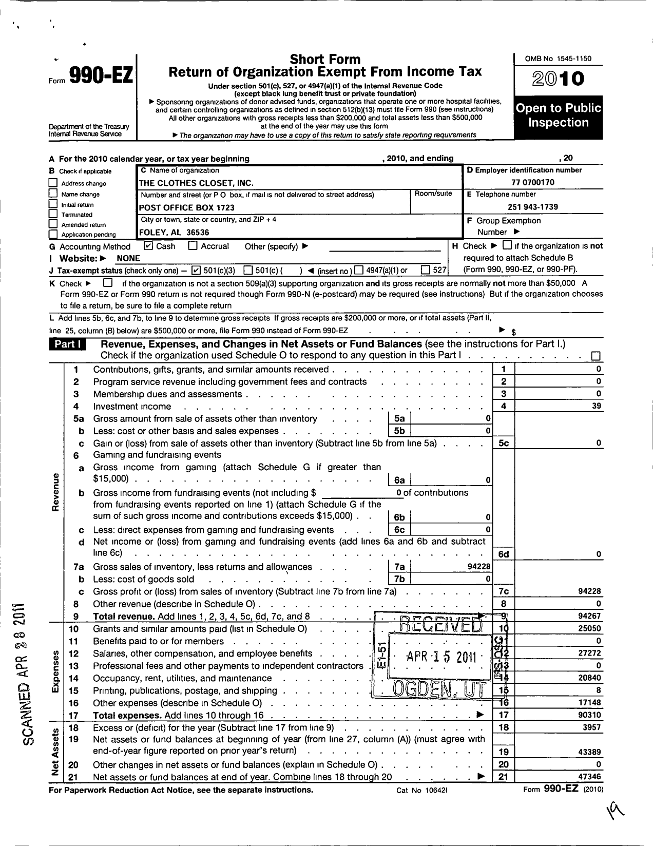 Image of first page of 2010 Form 990EZ for The Clothes Closet