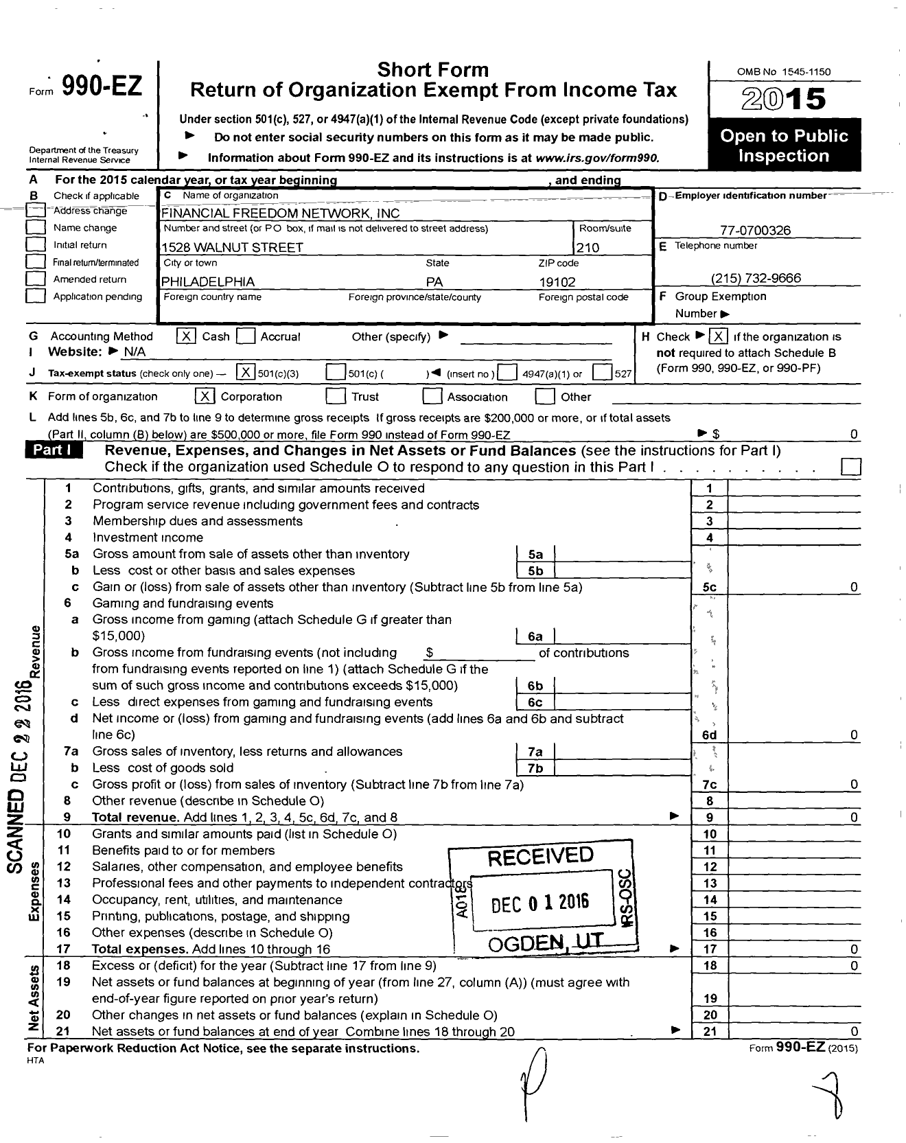 Image of first page of 2015 Form 990EZ for Financial Freedom Network