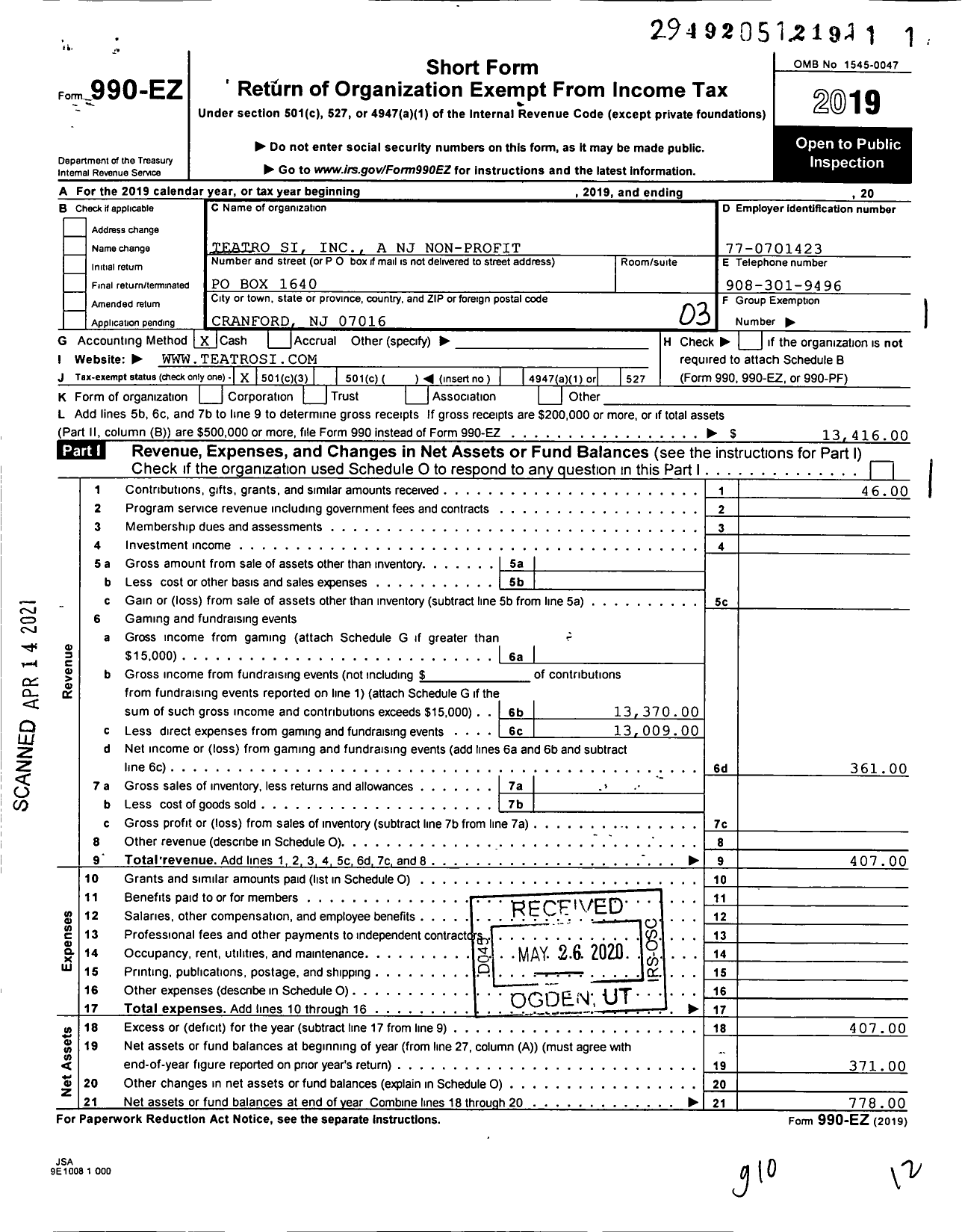 Image of first page of 2019 Form 990EZ for Teatro Si A NJ Non-Profit