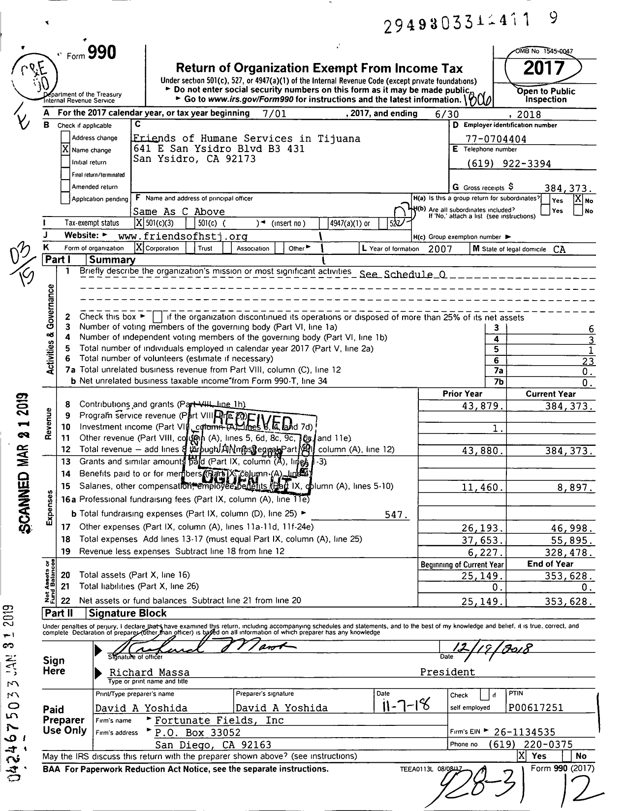 Image of first page of 2017 Form 990 for Friends of Humane Services in Tijuana