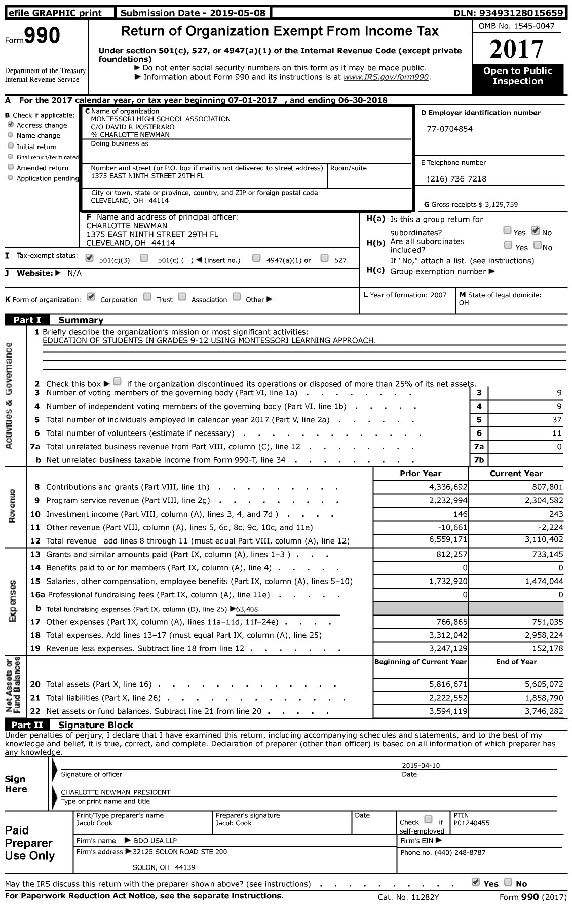 Image of first page of 2017 Form 990 for Montessori High School at University Circle (MHS)