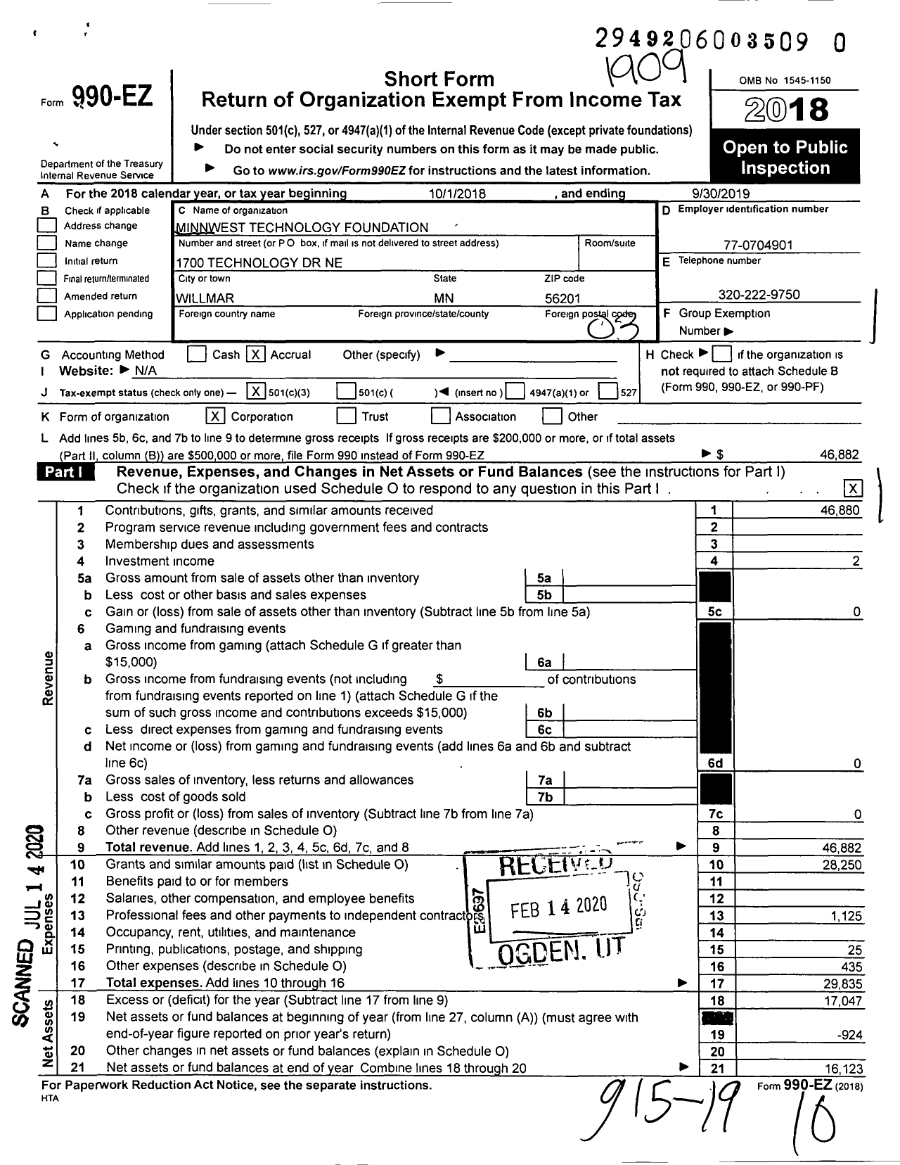 Image of first page of 2018 Form 990EZ for Minnwest Technology Foundation