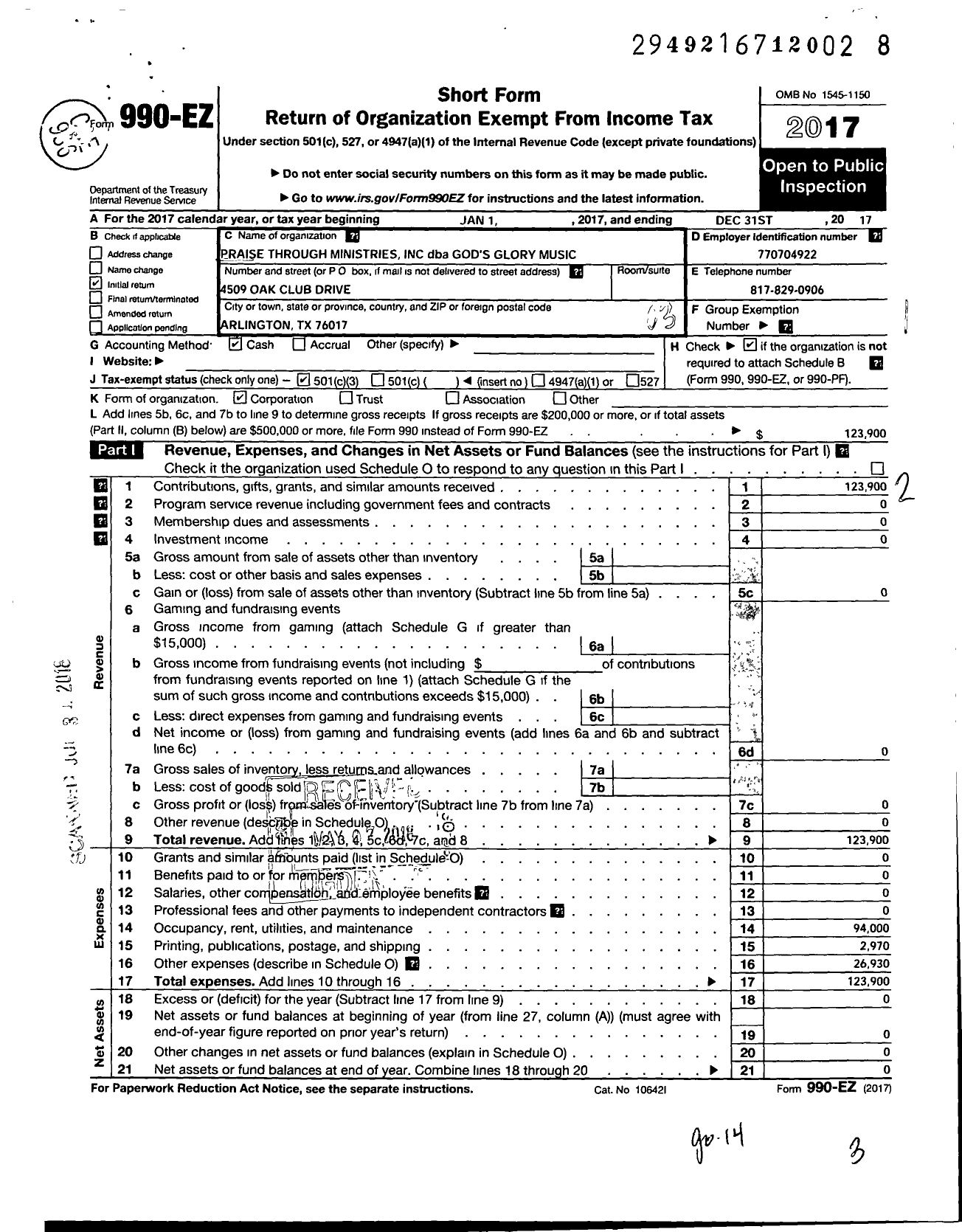 Image of first page of 2017 Form 990EZ for PRAlSE THROUGH MINISTRIES INC GODS GLORY MUSIC