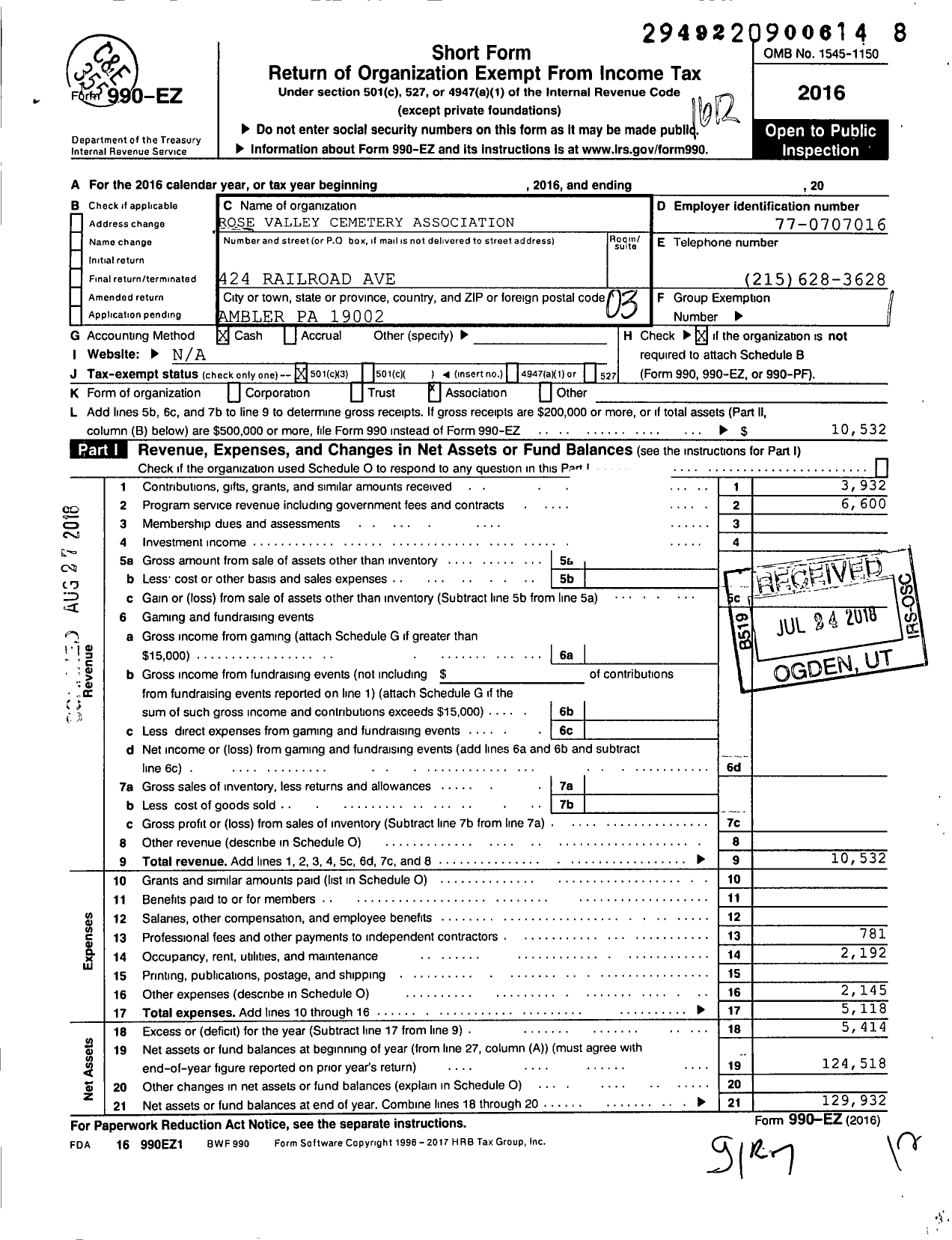 Image of first page of 2016 Form 990EZ for Rose Valley Cemetery Association