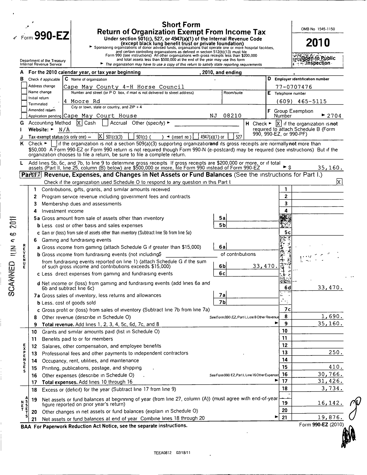 Image of first page of 2010 Form 990EZ for Rutgers the State University of NJ / Cape May County 4-H Horse Council