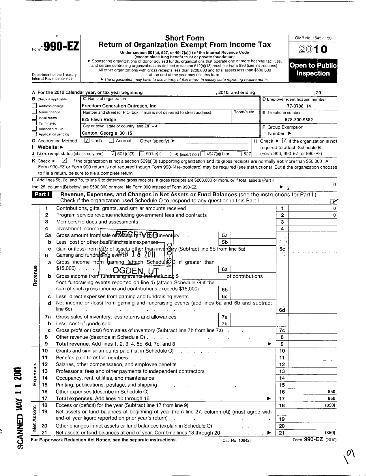 Image of first page of 2010 Form 990EZ for Freedom Generation Outreach