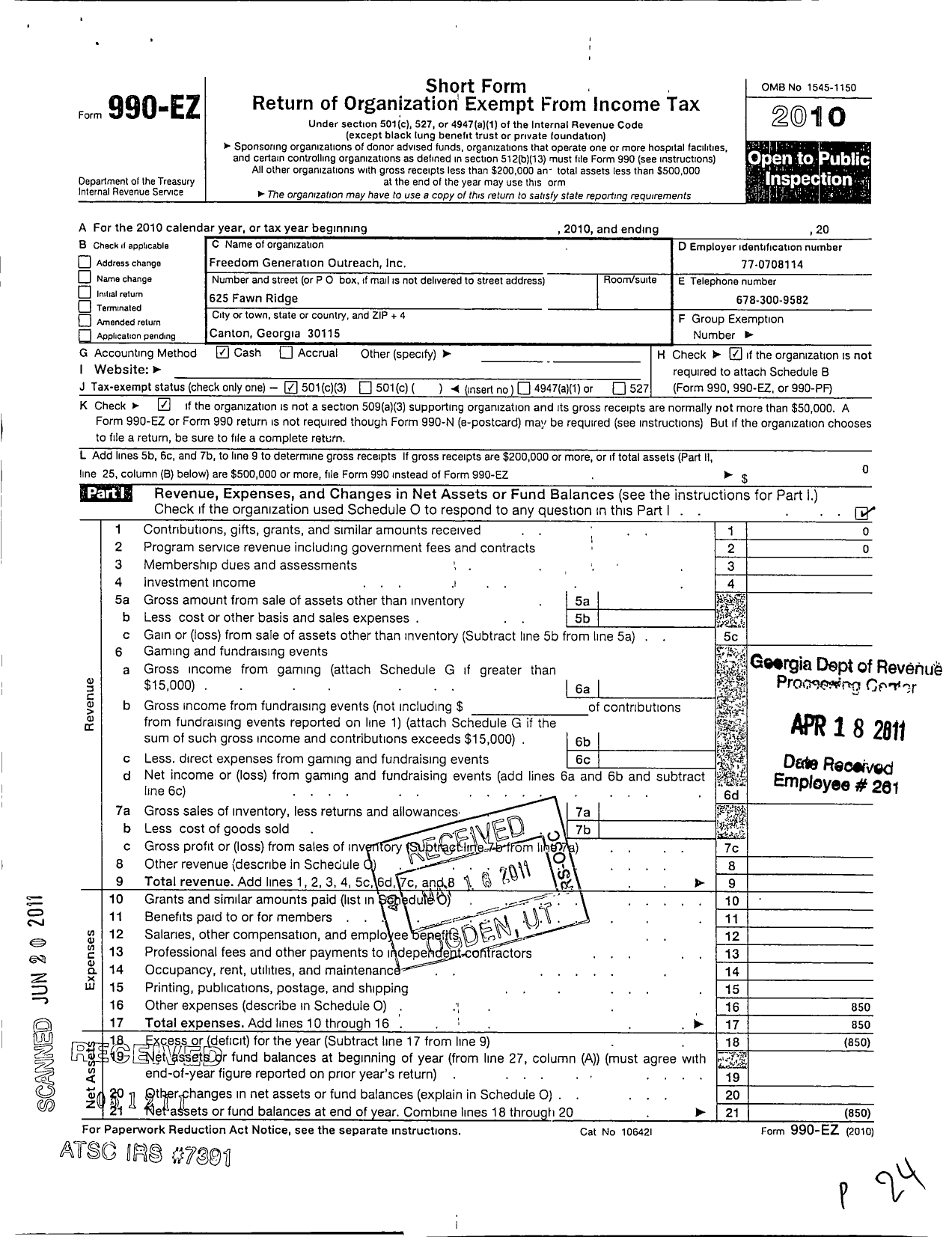 Image of first page of 2010 Form 990EZ for Freedom Generation Outreach