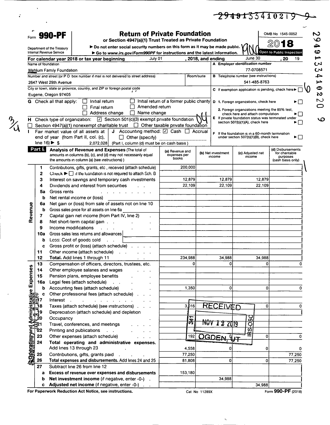 Image of first page of 2018 Form 990PF for Mehlum Family Foundation