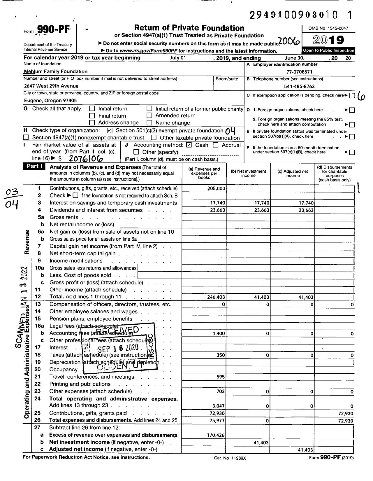 Image of first page of 2019 Form 990PF for Mehlum Family Foundation