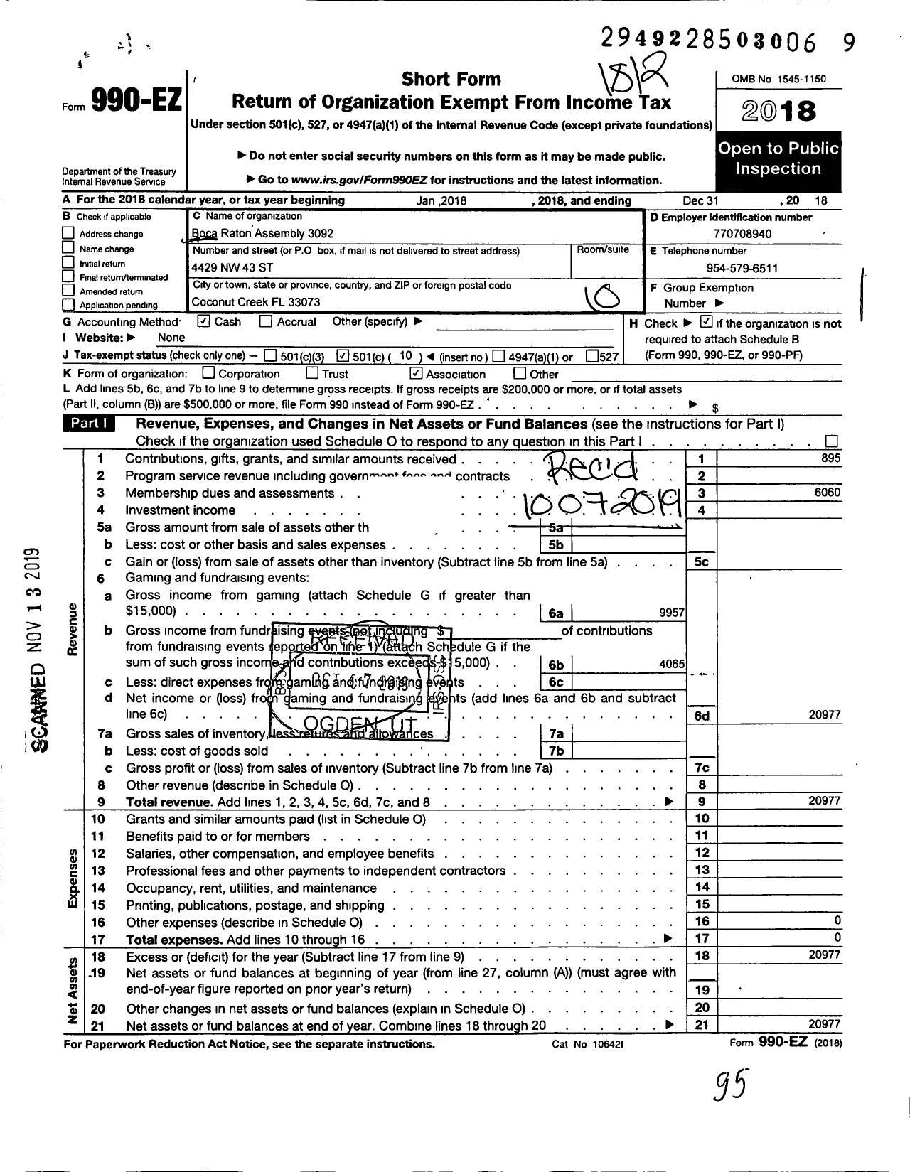 Image of first page of 2018 Form 990EO for Boca Raton Assembly 3092