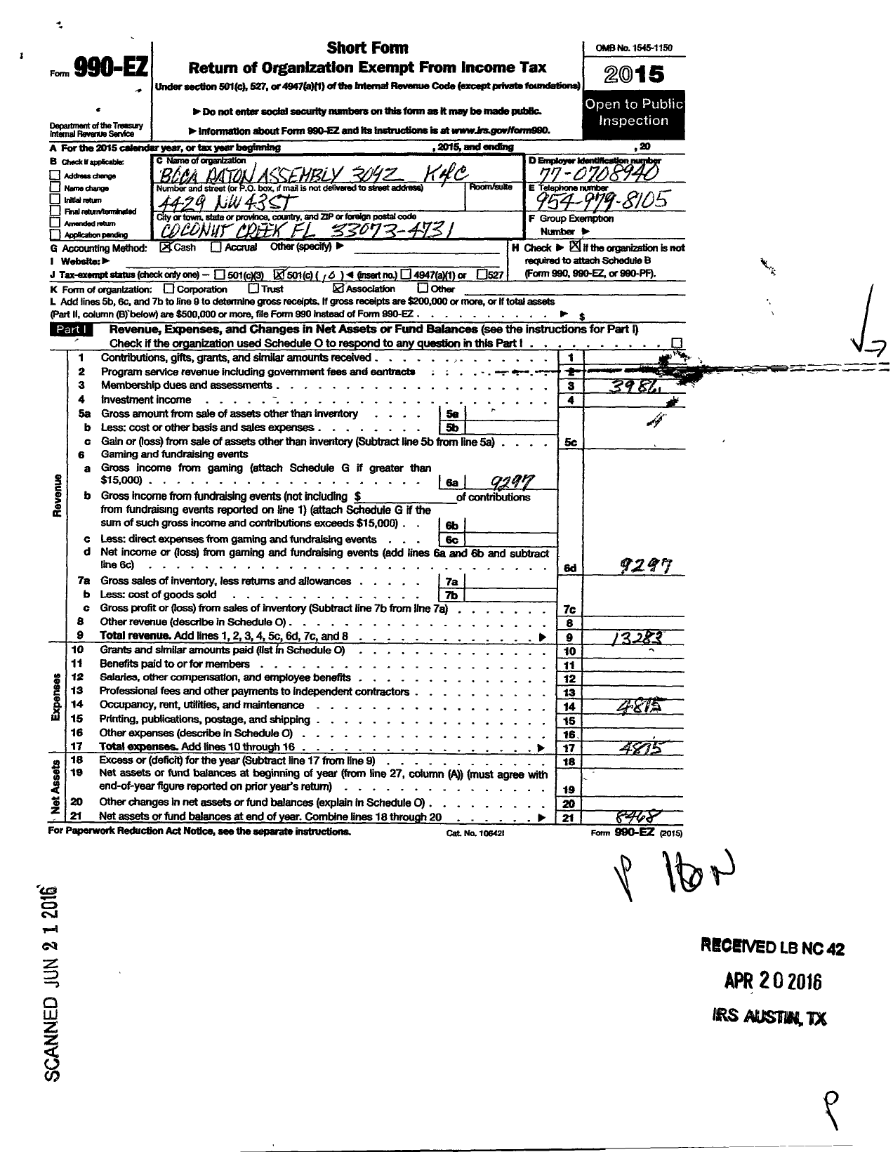 Image of first page of 2015 Form 990EO for Boca Raton Assembly 3092