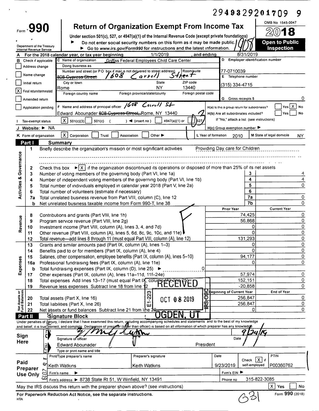 Image of first page of 2018 Form 990 for Griffiss Federal Employees Child Care Center