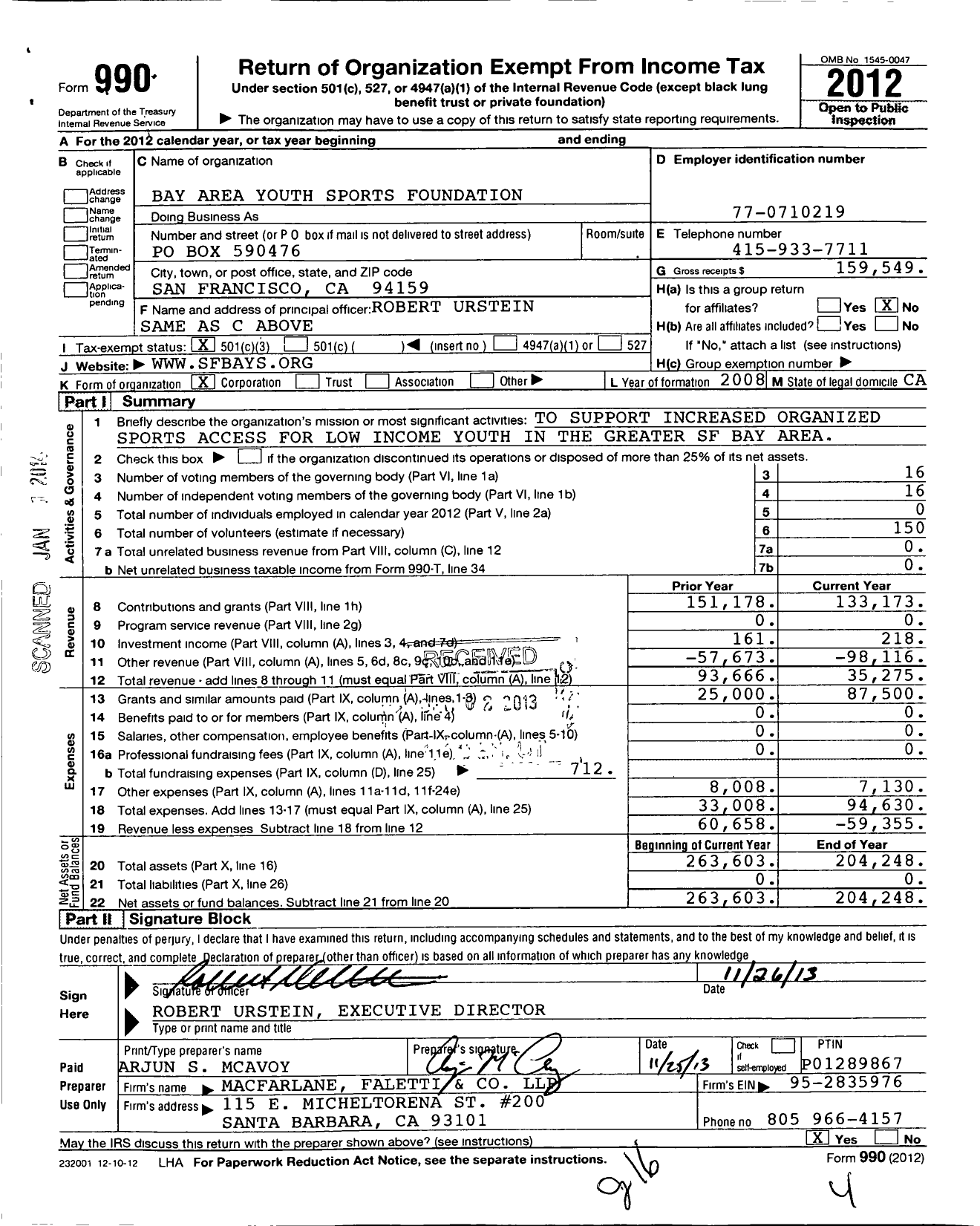 Image of first page of 2012 Form 990 for Bay Area Youth Sports Foundation