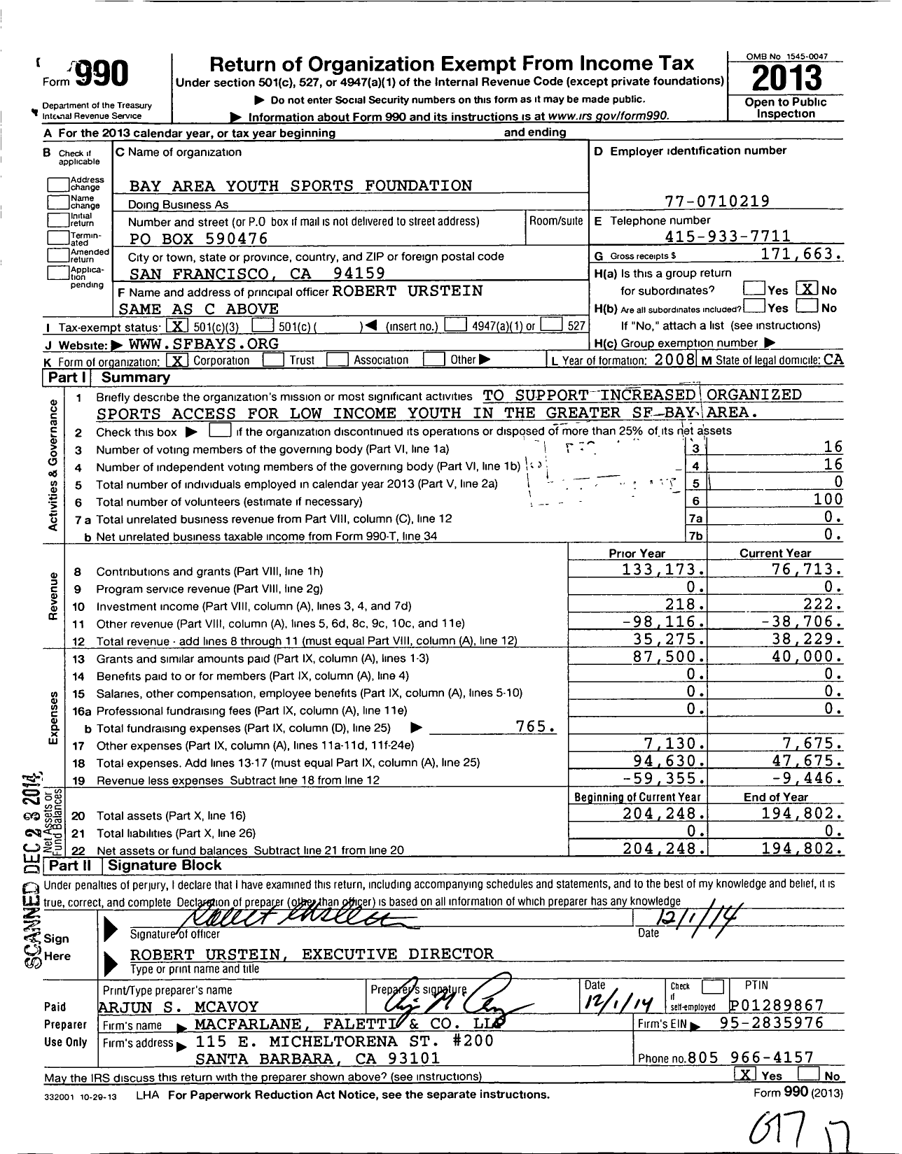 Image of first page of 2013 Form 990 for Bay Area Youth Sports Foundation
