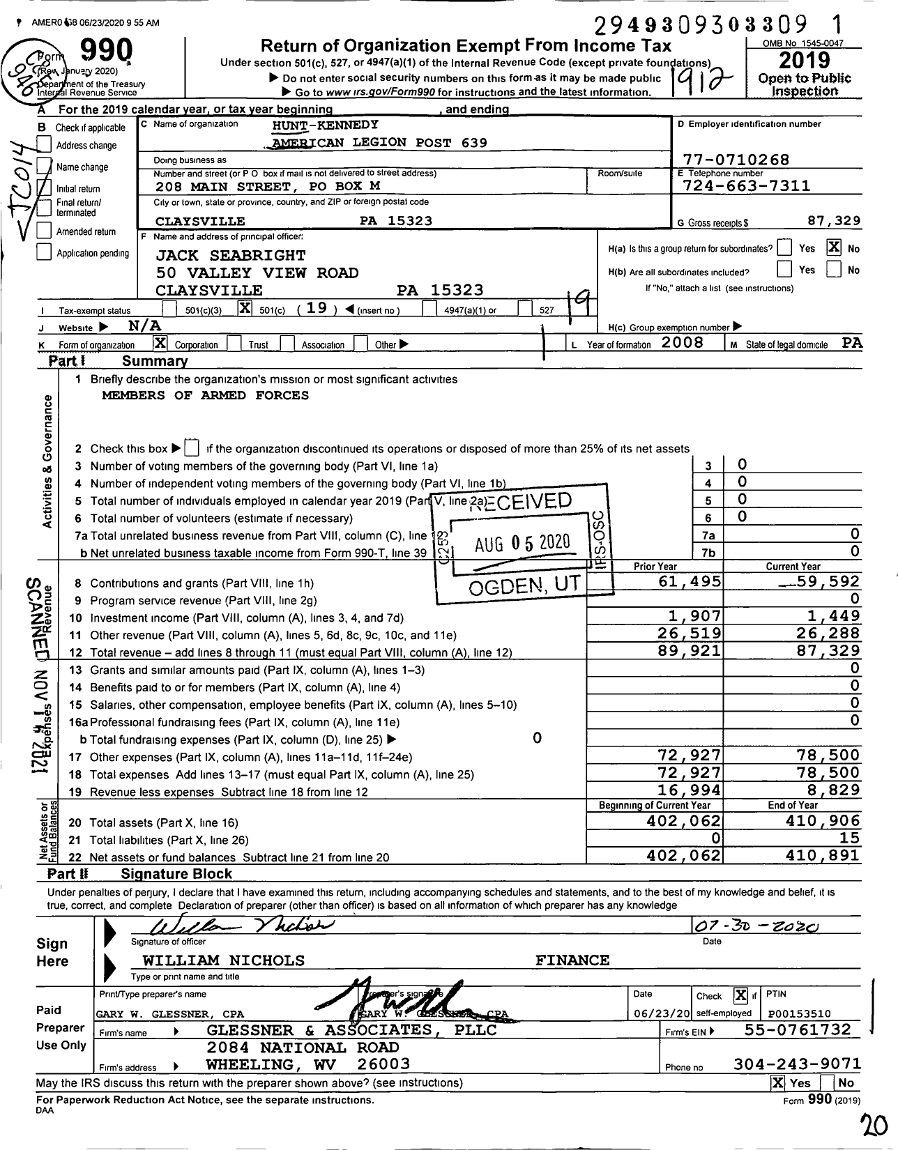 Image of first page of 2019 Form 990O for American Legion - 639 Hunt-Kennedy Post