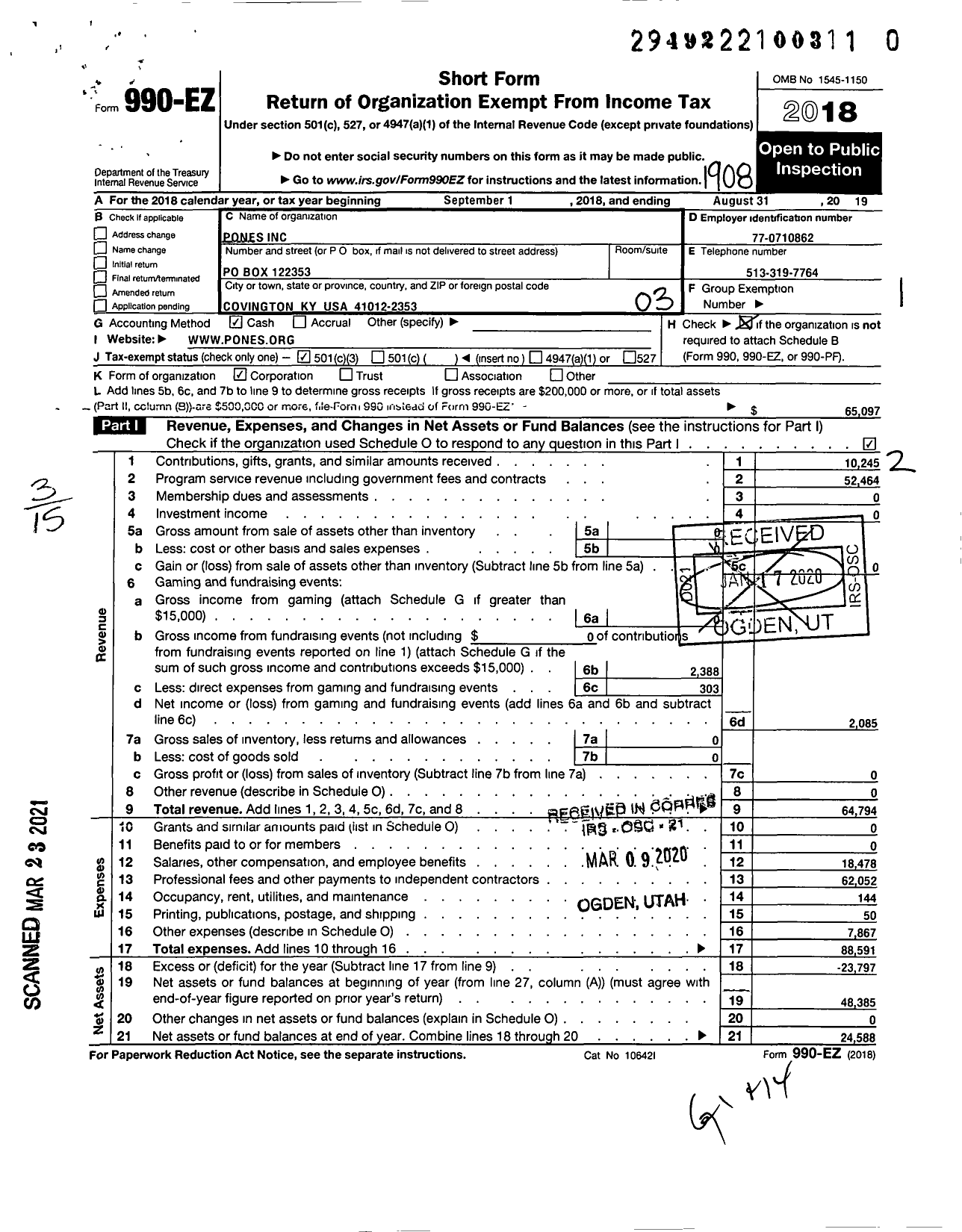 Image of first page of 2018 Form 990EZ for Pones