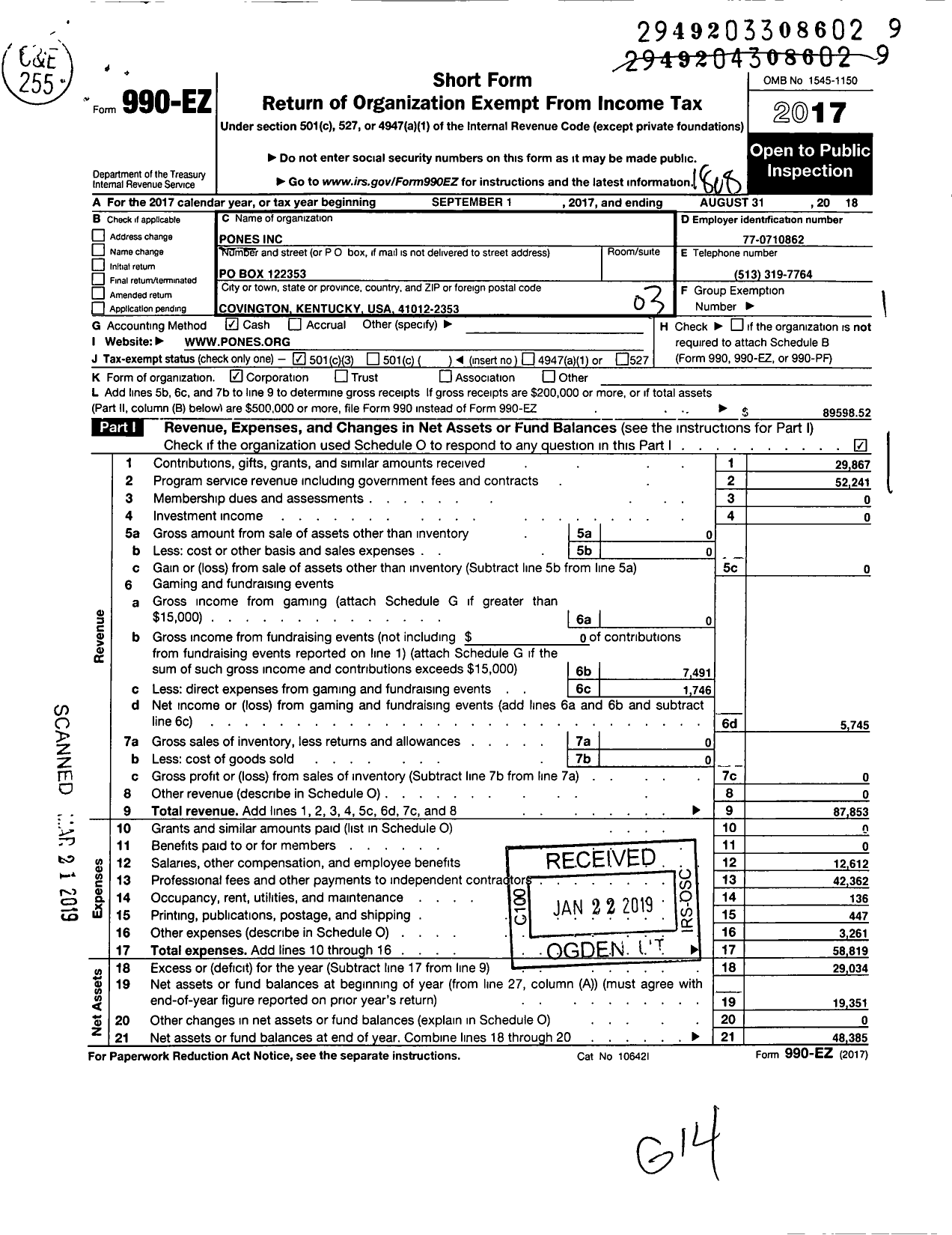 Image of first page of 2017 Form 990EZ for Pones