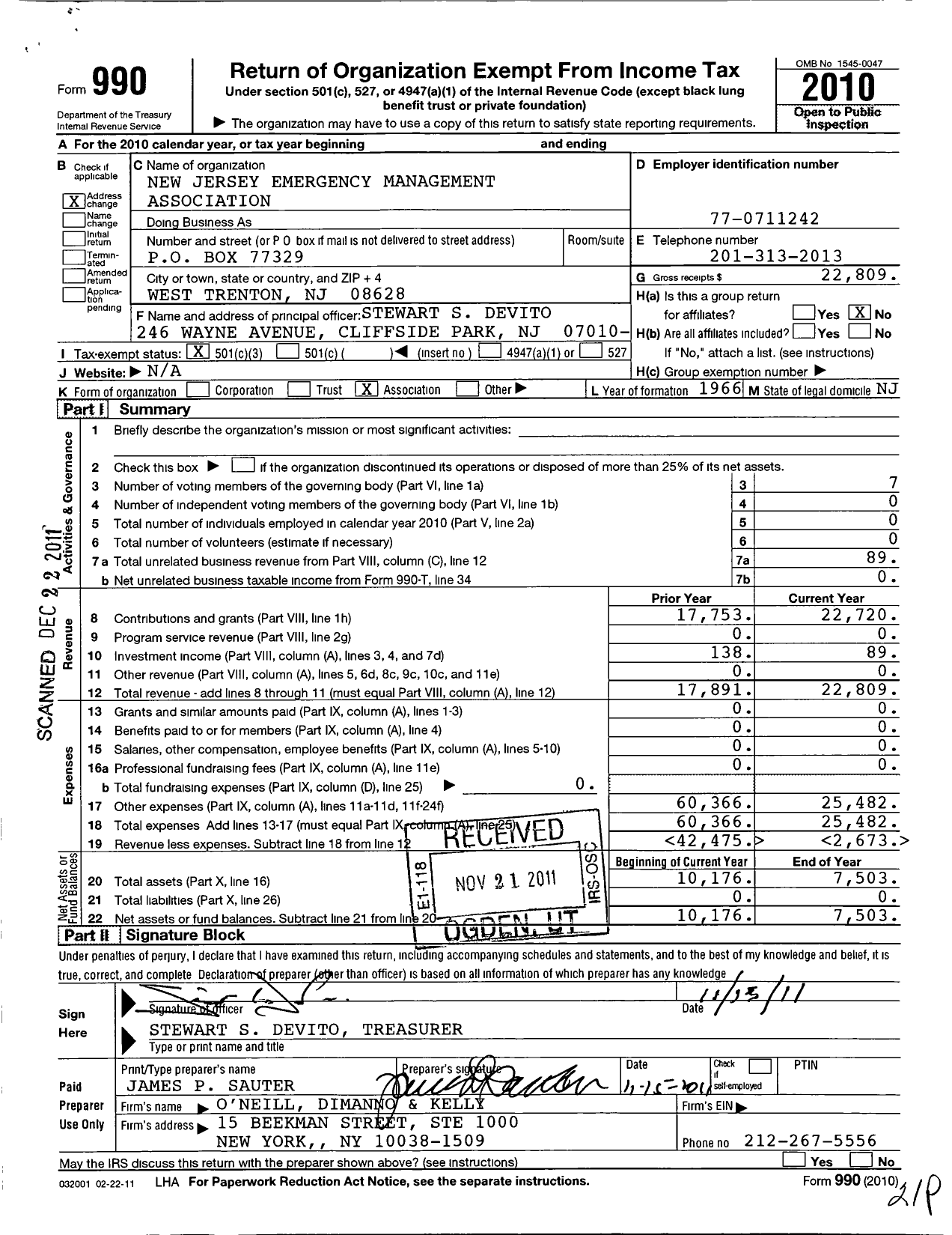 Image of first page of 2010 Form 990 for New Jersey Emergency Management Association