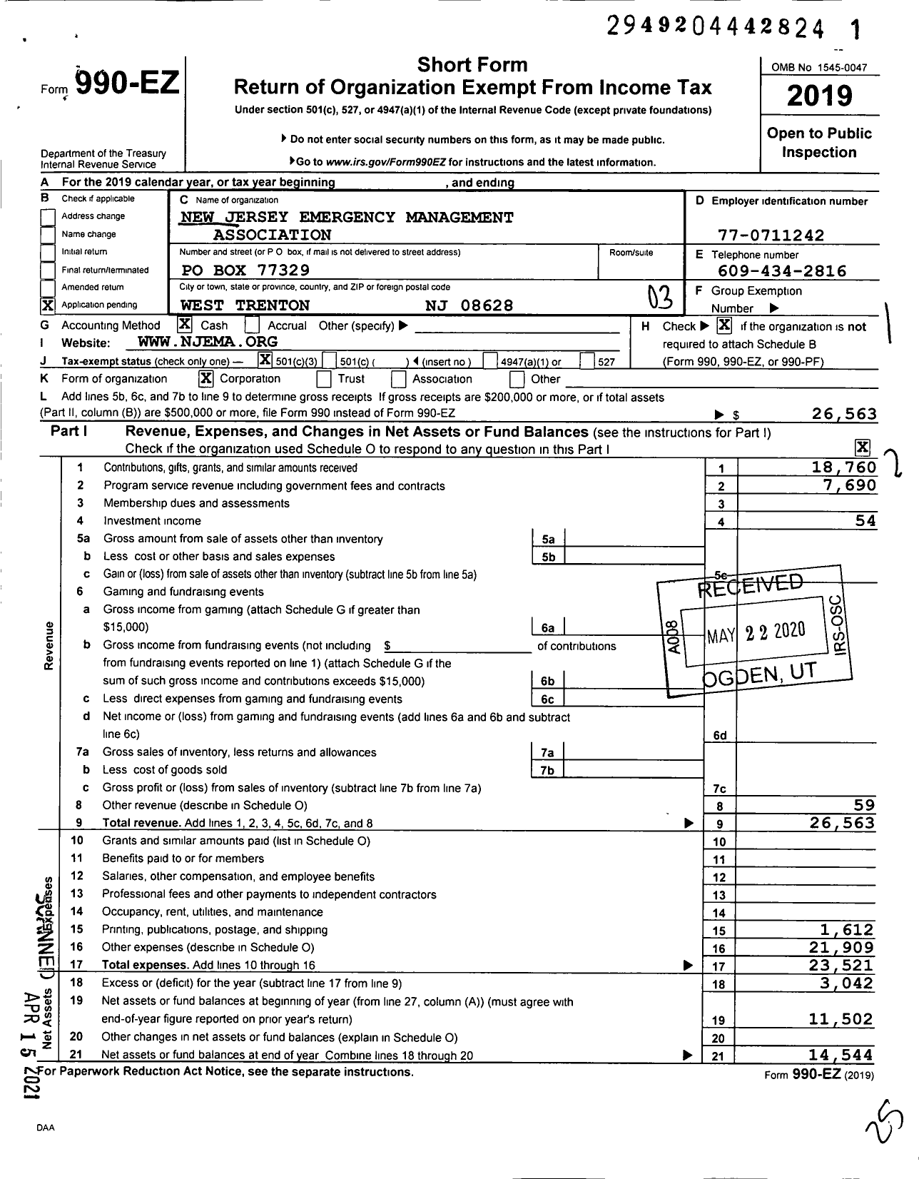 Image of first page of 2019 Form 990EZ for New Jersey Emergency Management Association