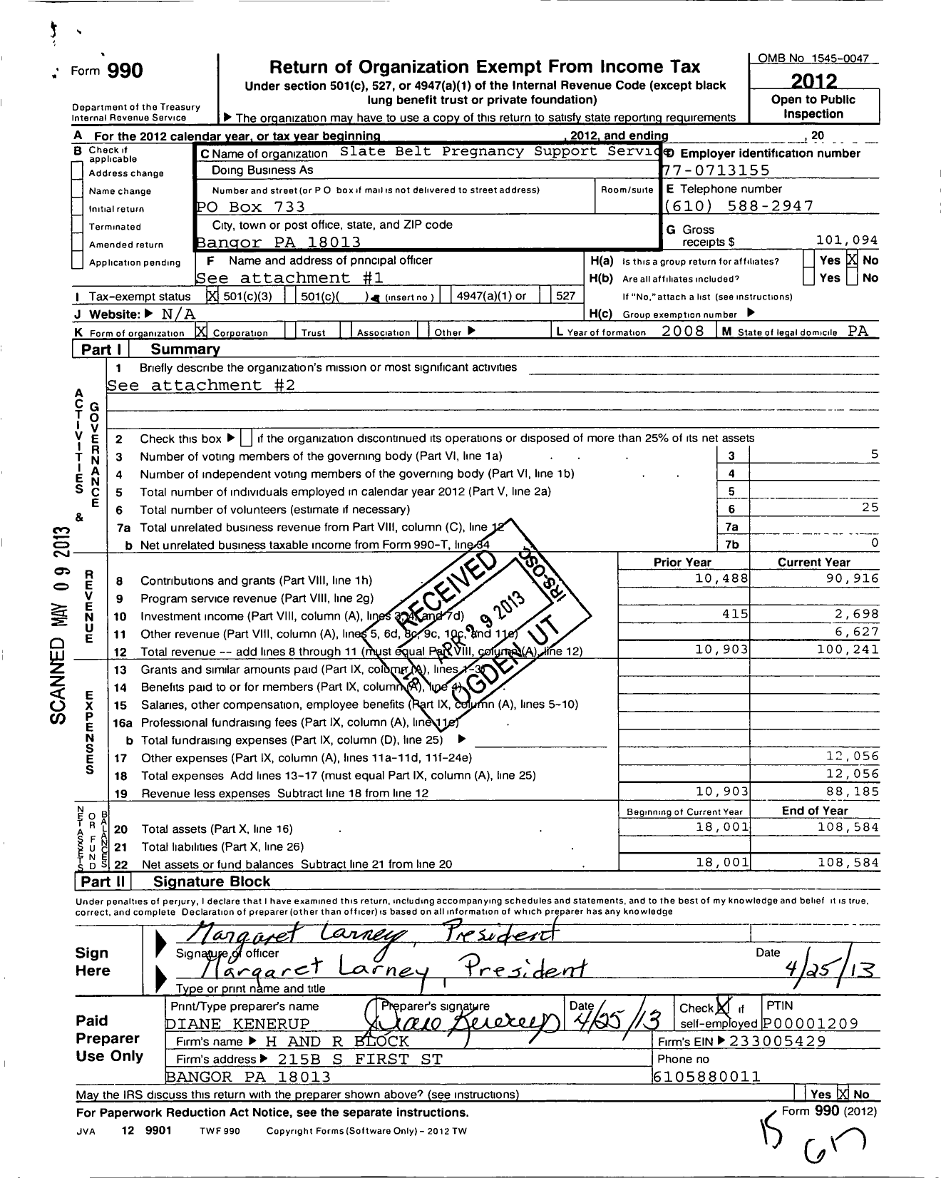 Image of first page of 2012 Form 990 for Slate Belt Pregnancy Support Services