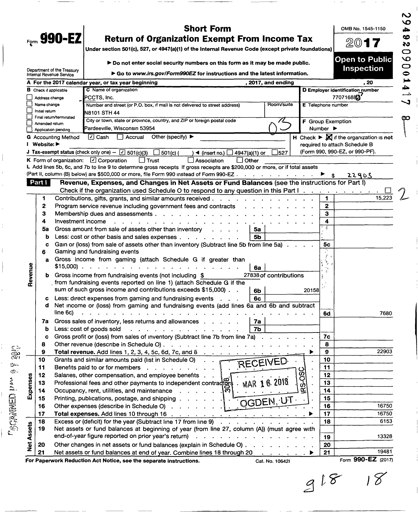 Image of first page of 2017 Form 990EZ for Pardeeville Community Car and Truck Show