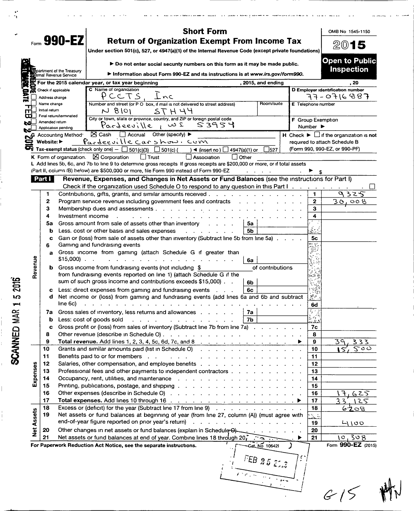 Image of first page of 2015 Form 990EO for Pardeeville Community Car and Truck Show