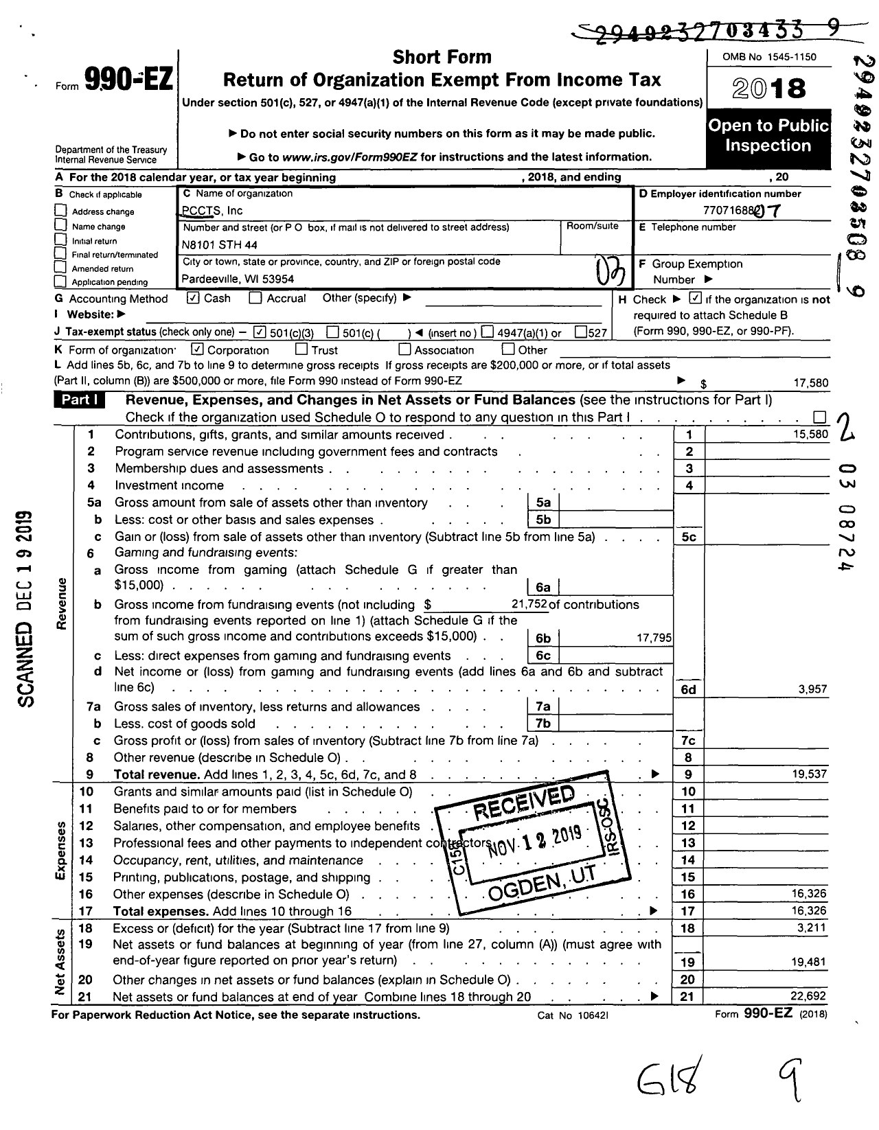 Image of first page of 2018 Form 990EZ for Pardeeville Community Car and Truck Show