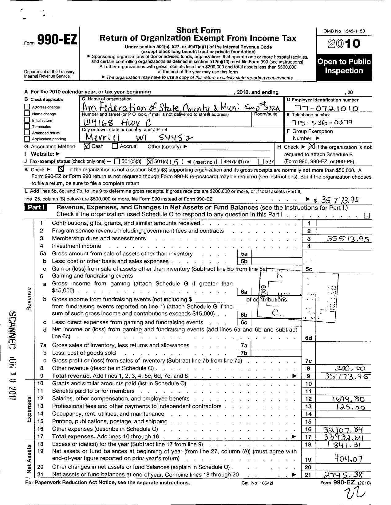 Image of first page of 2010 Form 990EO for American Federation of State County and Municipal Employees