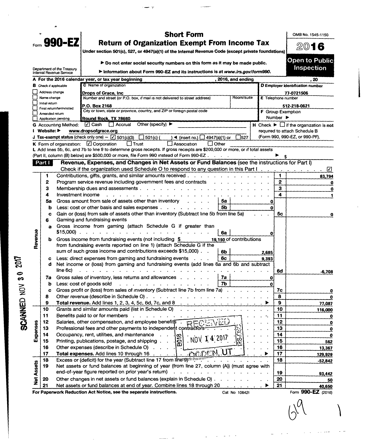 Image of first page of 2016 Form 990EZ for Drops of Grace