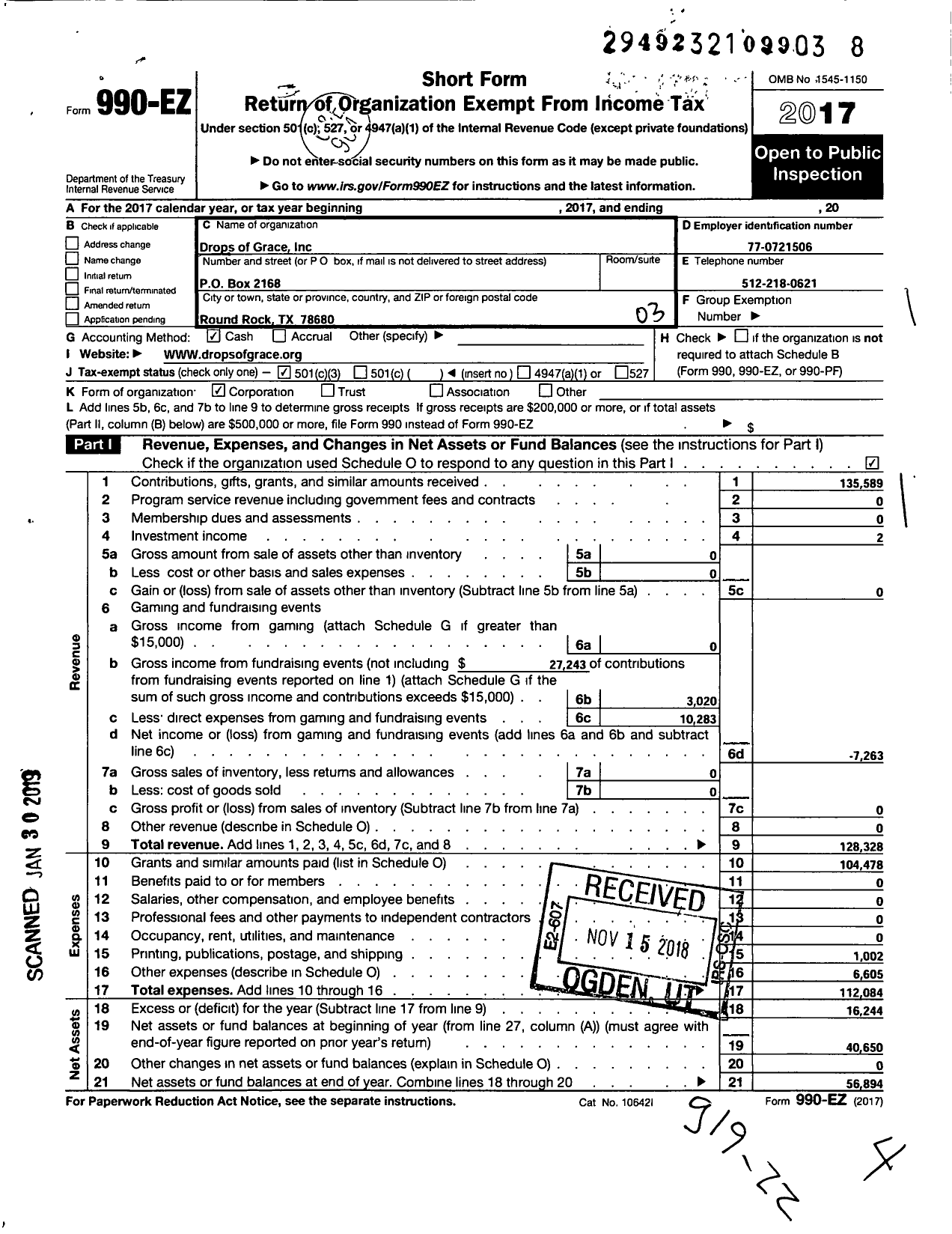 Image of first page of 2017 Form 990EZ for Drops of Grace