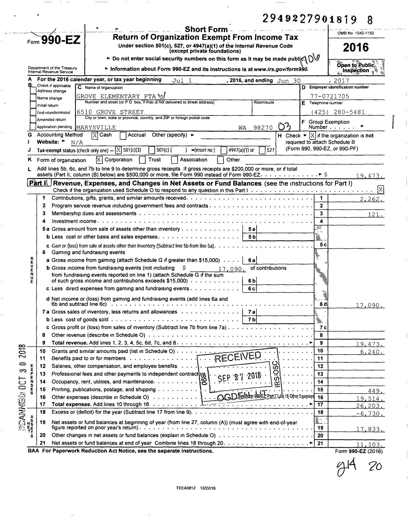 Image of first page of 2016 Form 990EZ for Grove Elementary PTA 7 4 7