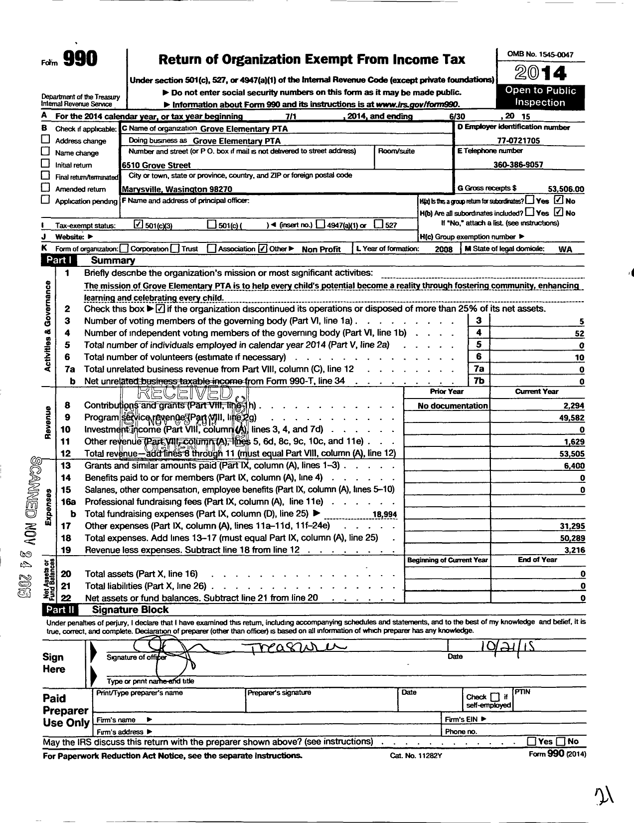 Image of first page of 2014 Form 990 for Grove Elementary PTA 7 4 7