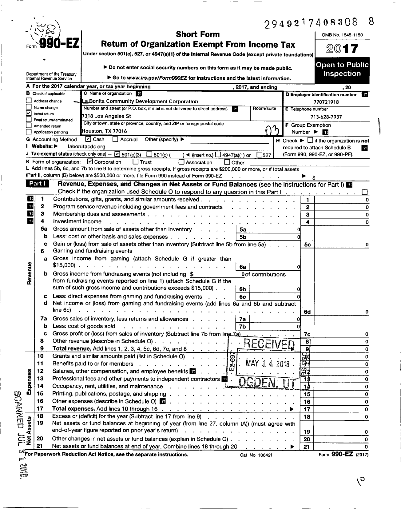 Image of first page of 2017 Form 990EZ for La Bonita Community Development Corporation