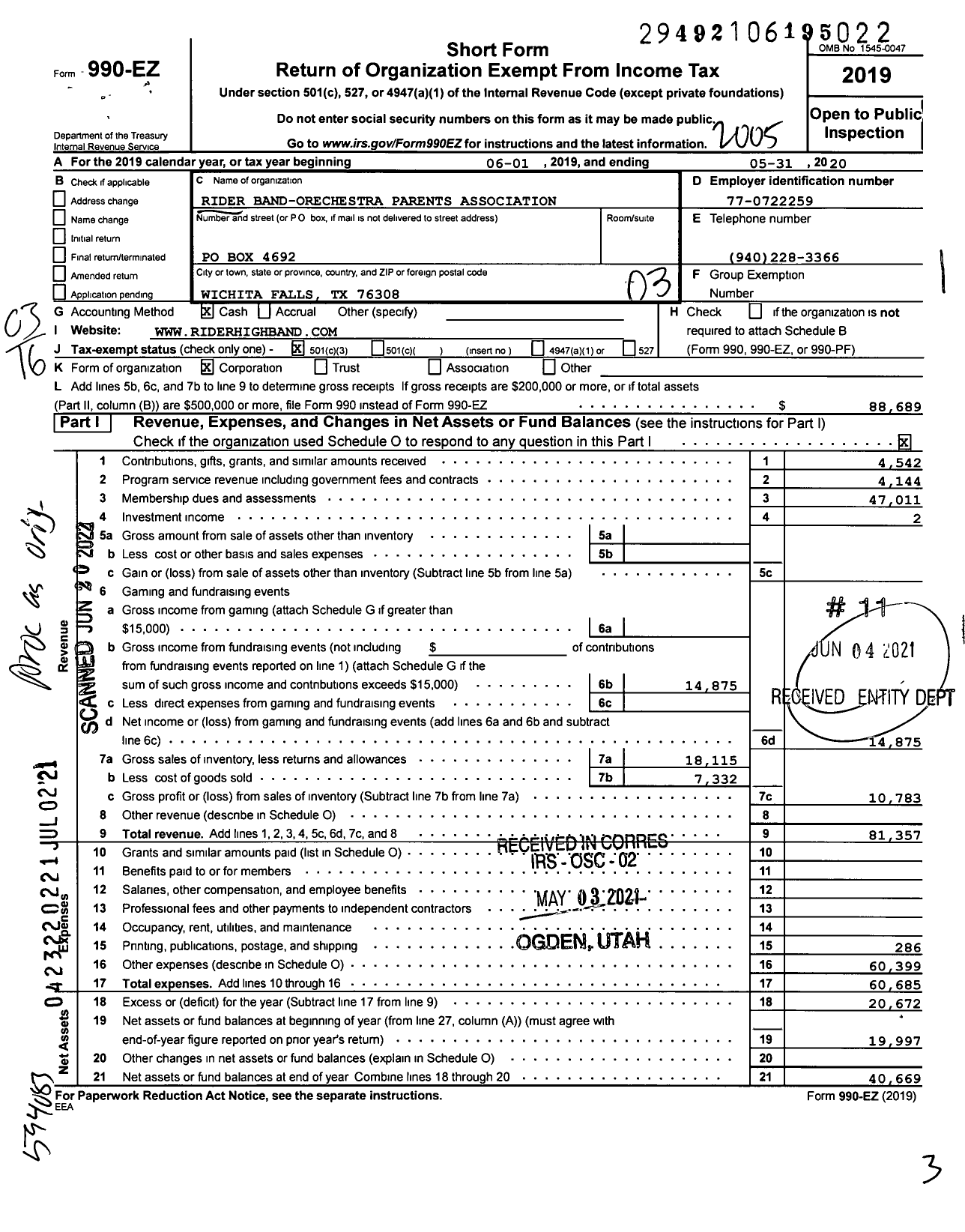 Image of first page of 2019 Form 990EZ for Rider Band-Orchestra Parents Association