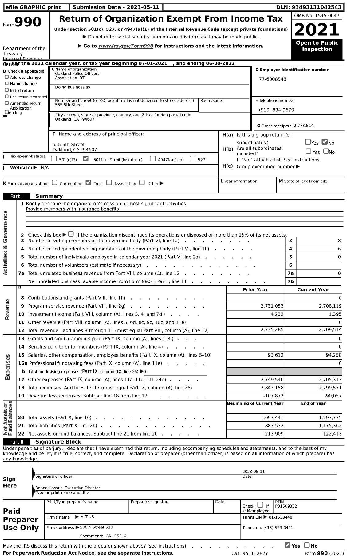 Image of first page of 2021 Form 990 for Oakland Police Officers Association IBT