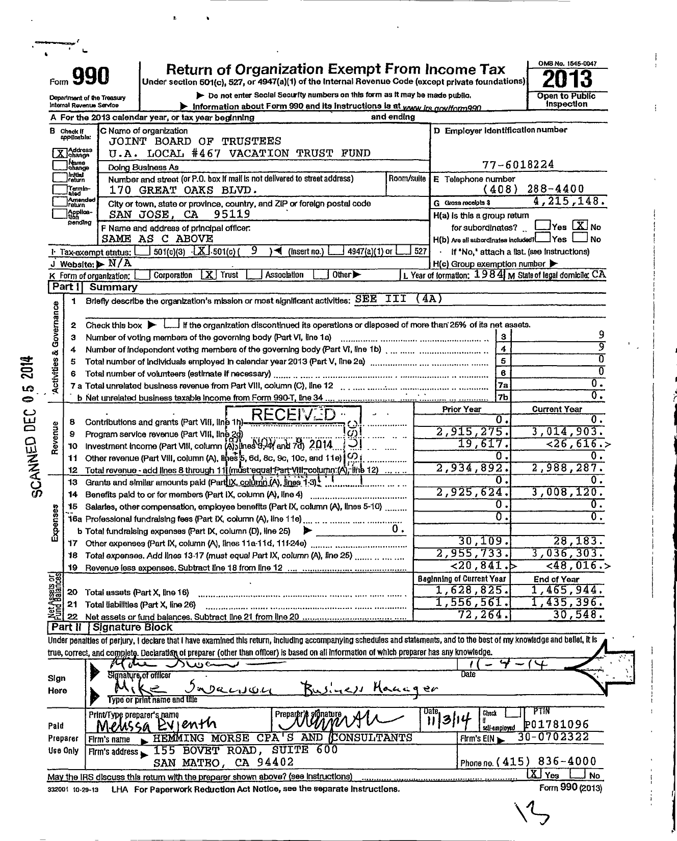 Image of first page of 2013 Form 990O for Joint Board of Trustees Local #467 Vacation Trust Fund