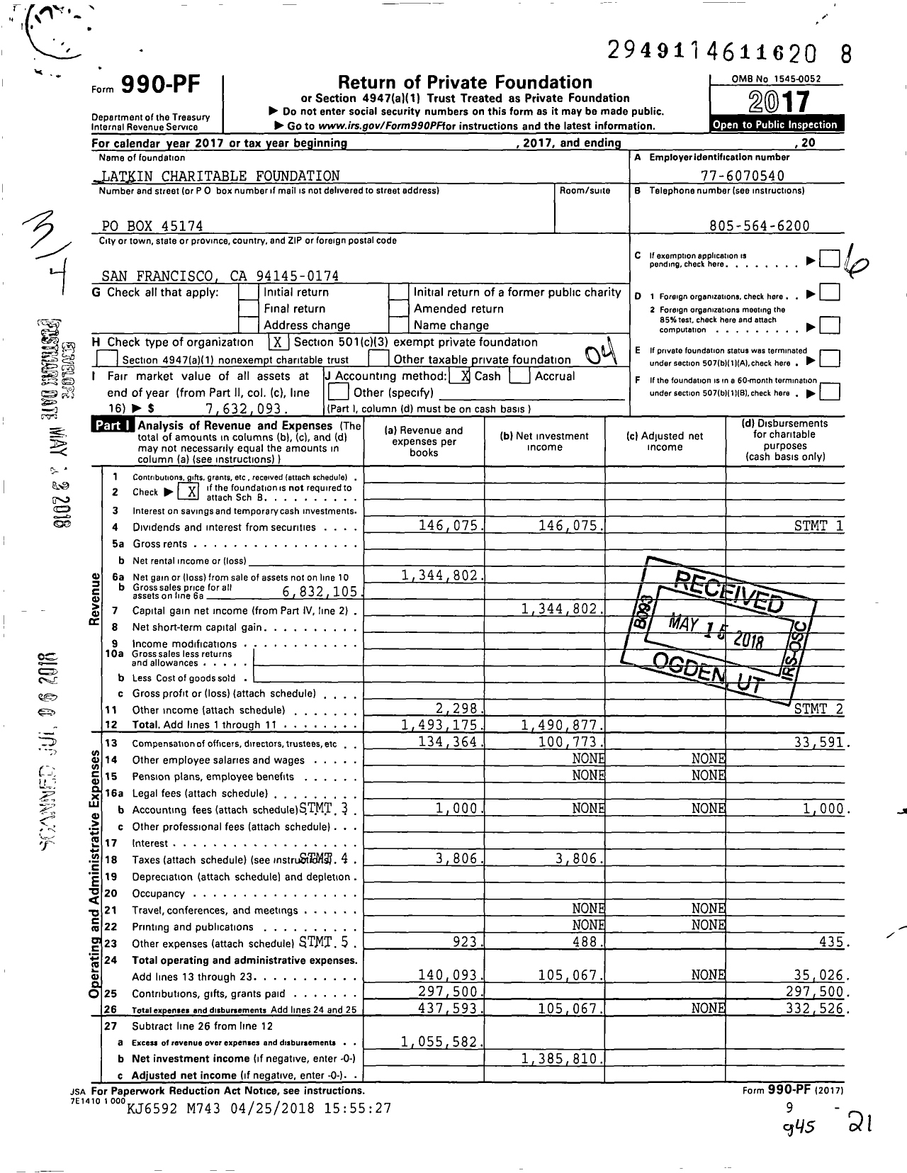 Image of first page of 2017 Form 990PF for Latkin Charitable Foundation