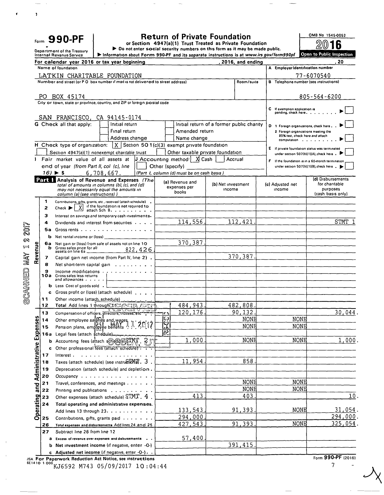 Image of first page of 2016 Form 990PF for Latkin Charitable Foundation