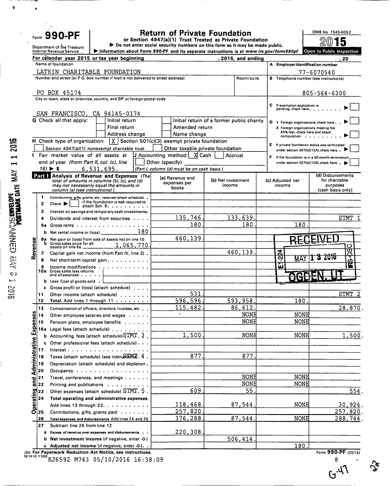 Image of first page of 2015 Form 990PF for Latkin Charitable Foundation