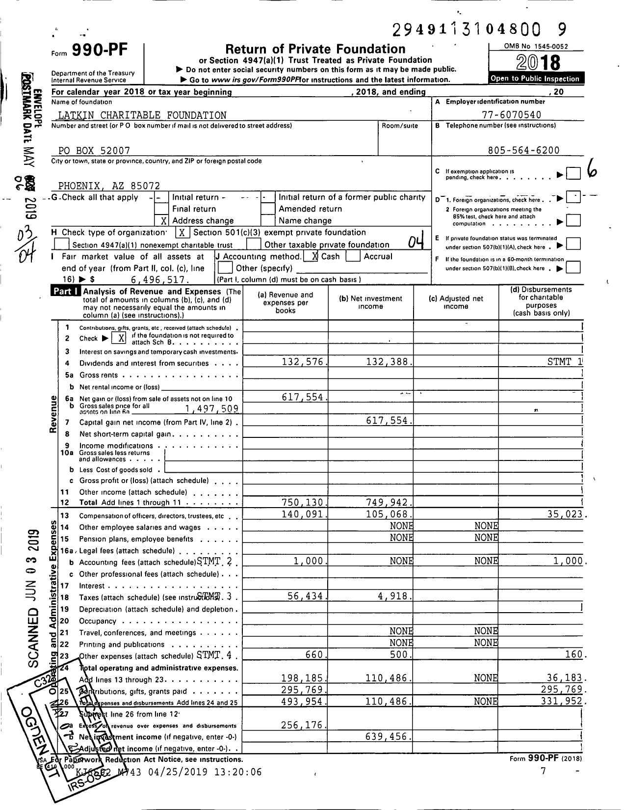 Image of first page of 2018 Form 990PF for Latkin Charitable Foundation