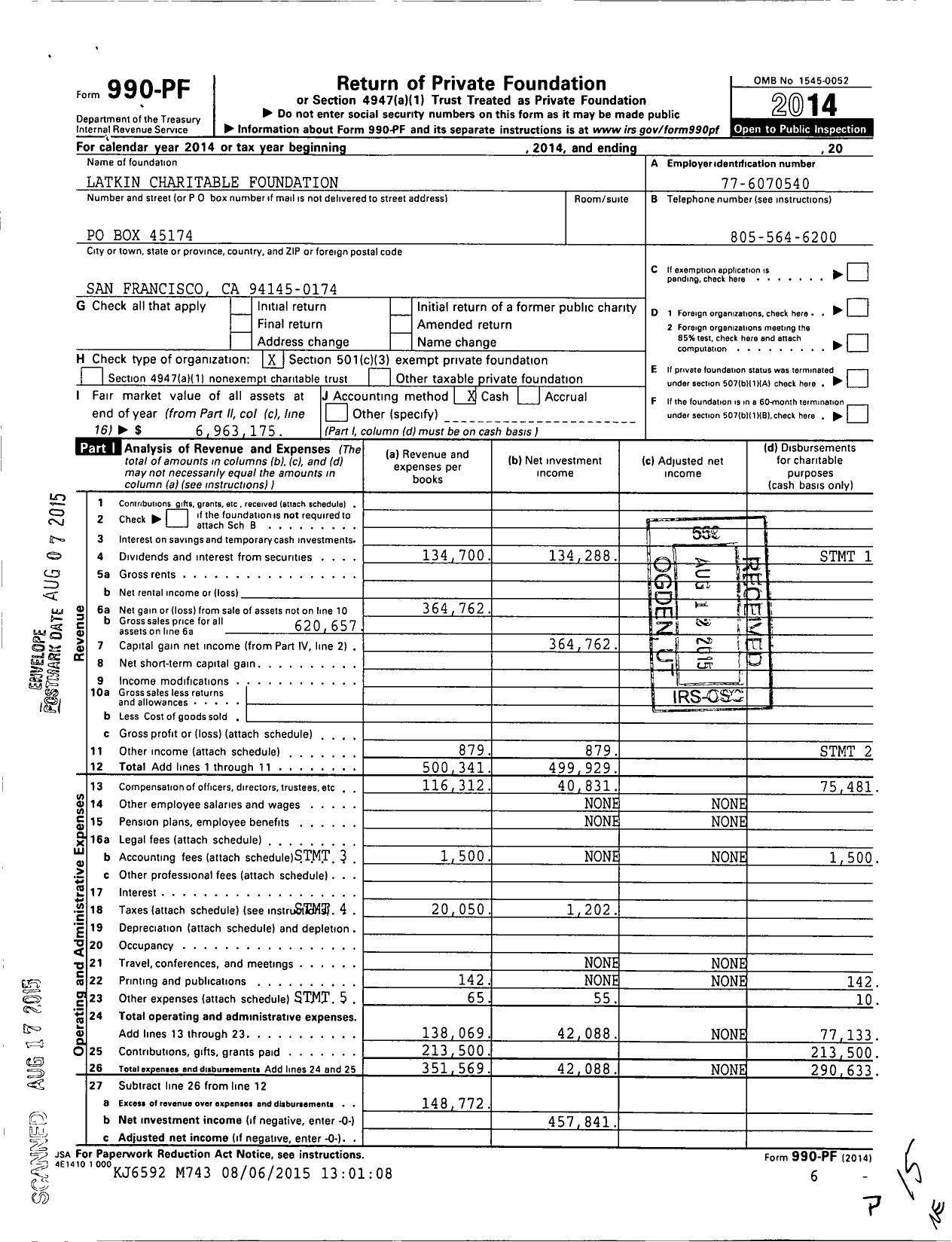 Image of first page of 2014 Form 990PF for Latkin Charitable Foundation