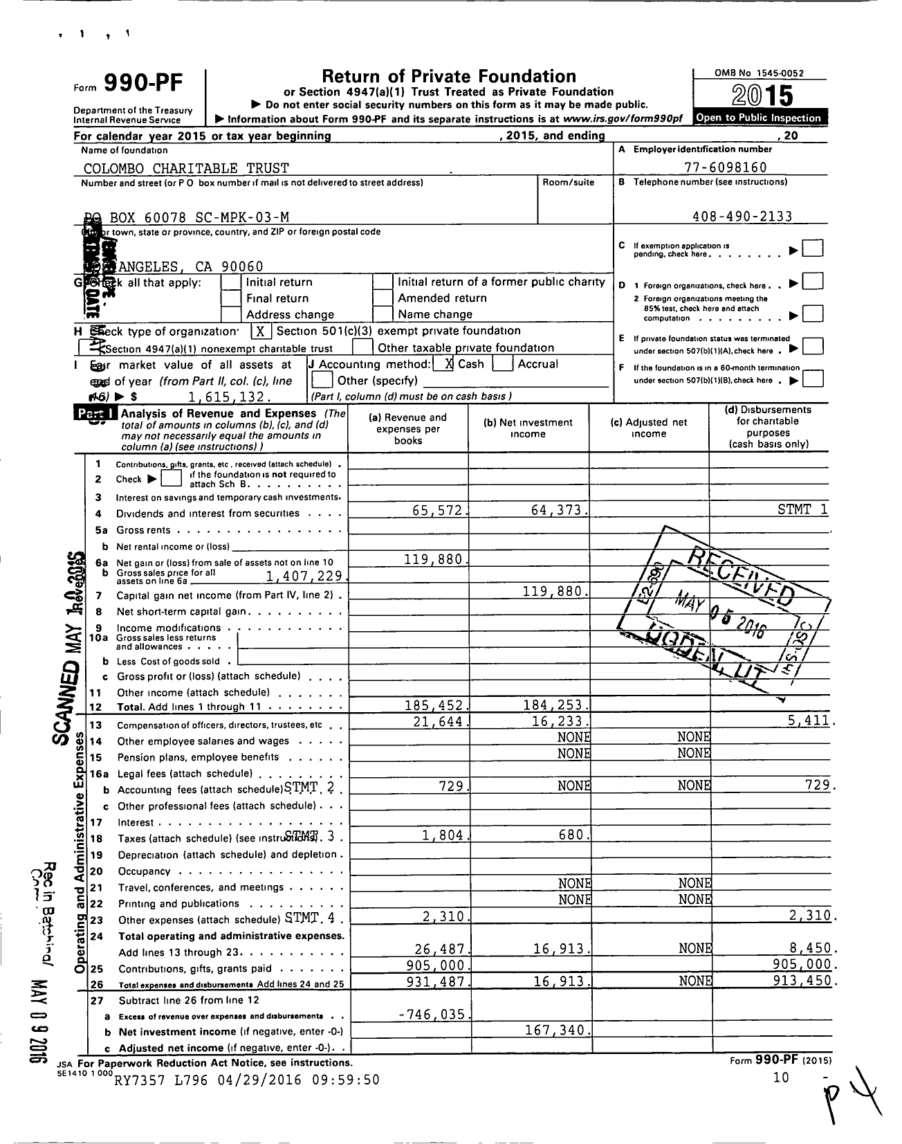 Image of first page of 2015 Form 990PF for Colombo Charitable Trust