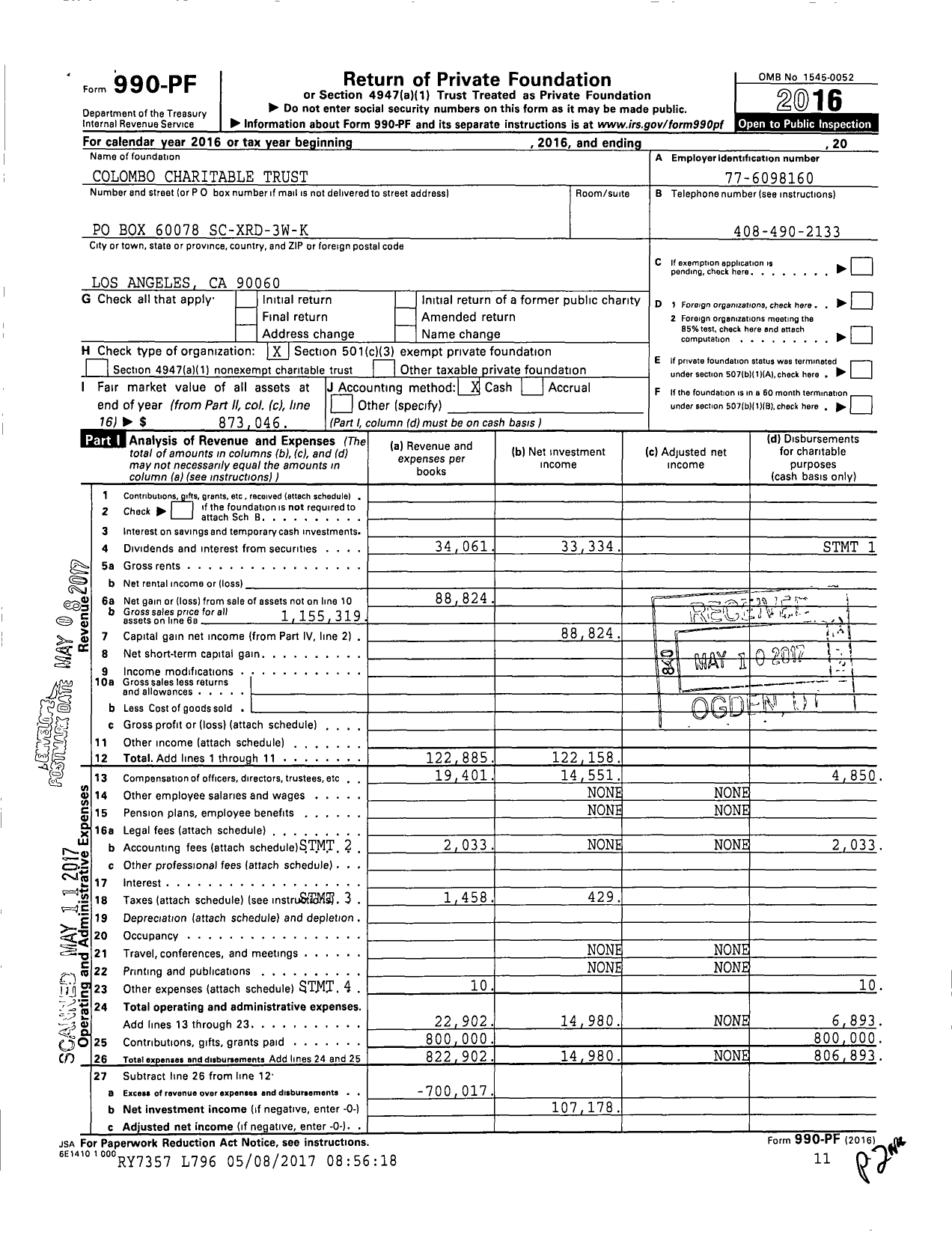 Image of first page of 2016 Form 990PF for Colombo Charitable Trust