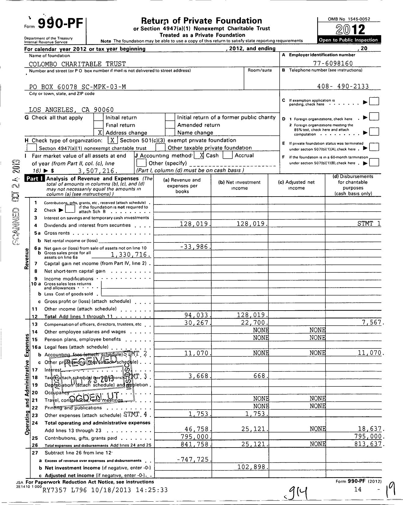 Image of first page of 2012 Form 990PF for Colombo Charitable Trust