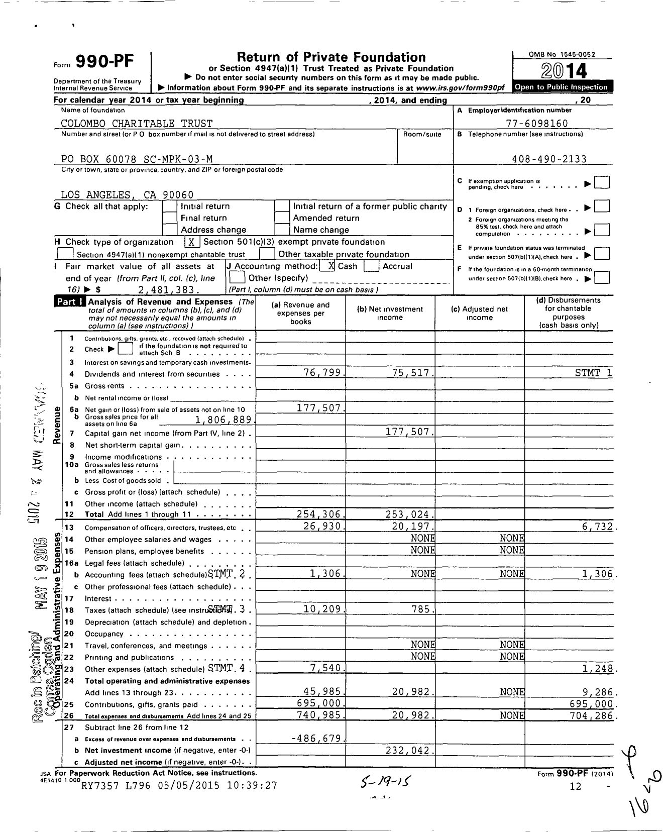 Image of first page of 2014 Form 990PF for Colombo Charitable Trust