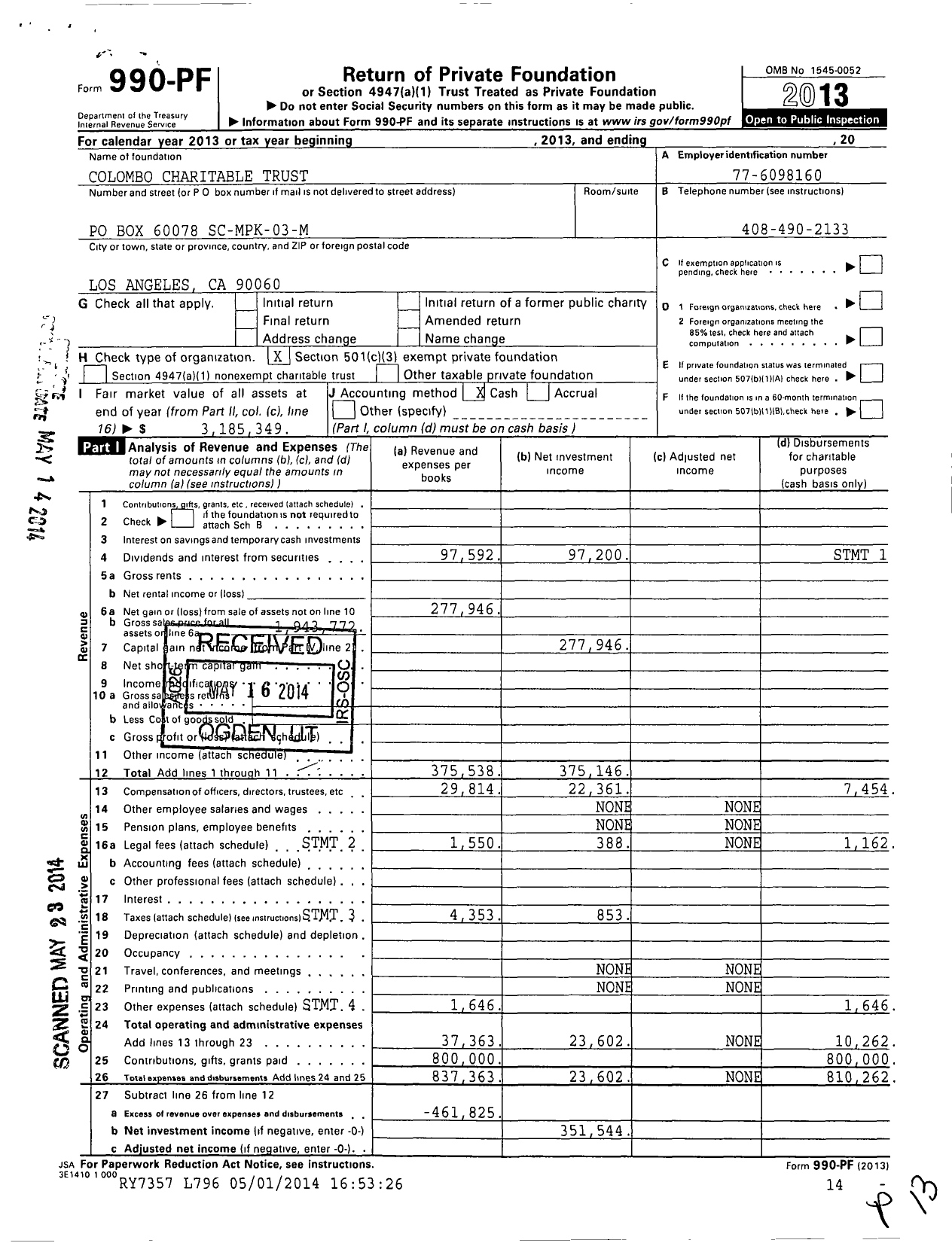 Image of first page of 2013 Form 990PF for Colombo Charitable Trust