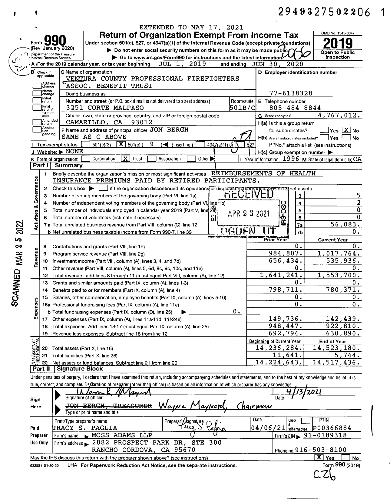 Image of first page of 2019 Form 990O for Ventura County Professional Firefighters Association Benefit Trust