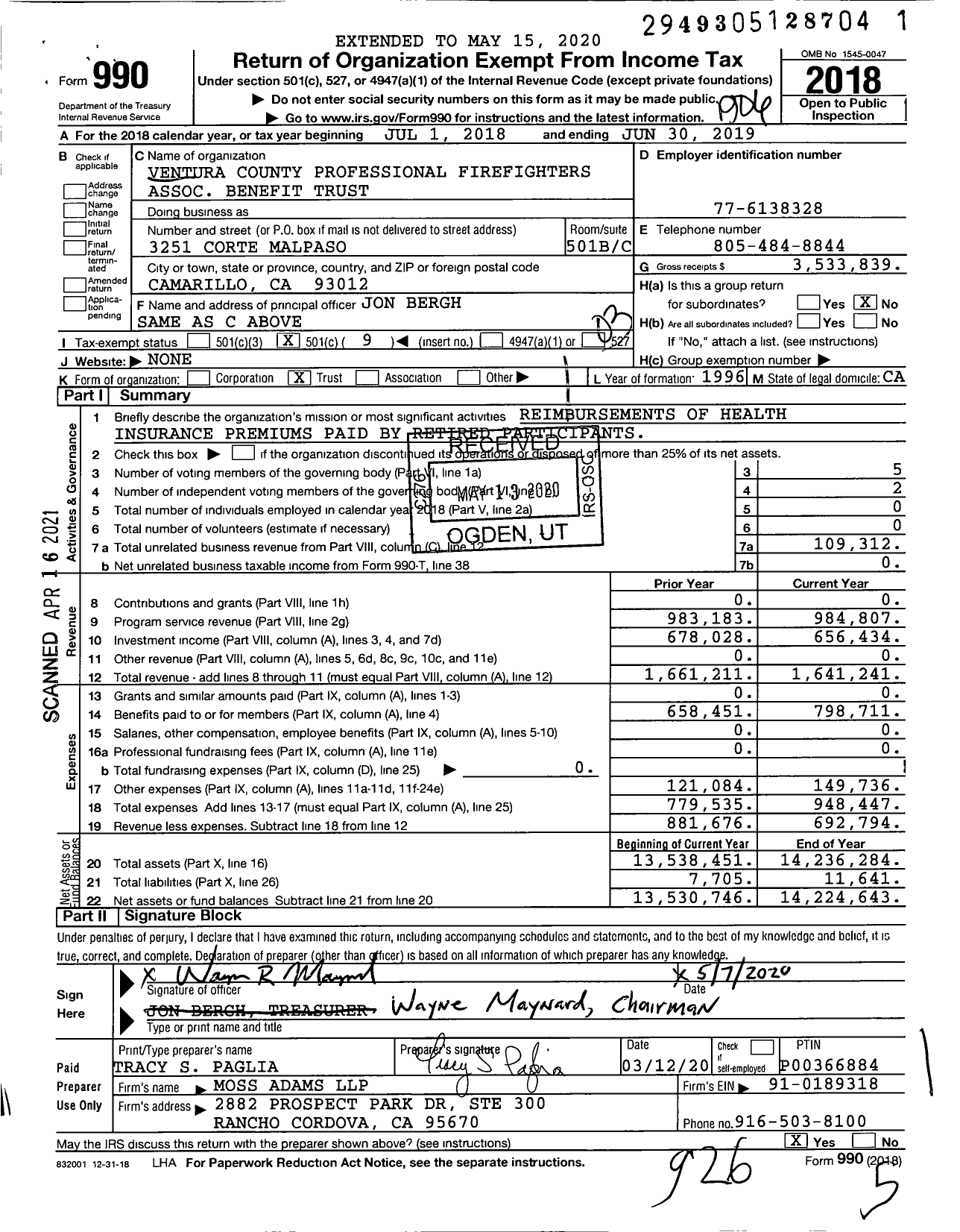 Image of first page of 2018 Form 990 for Ventura County Professional Firefighters Association Benefit Trust