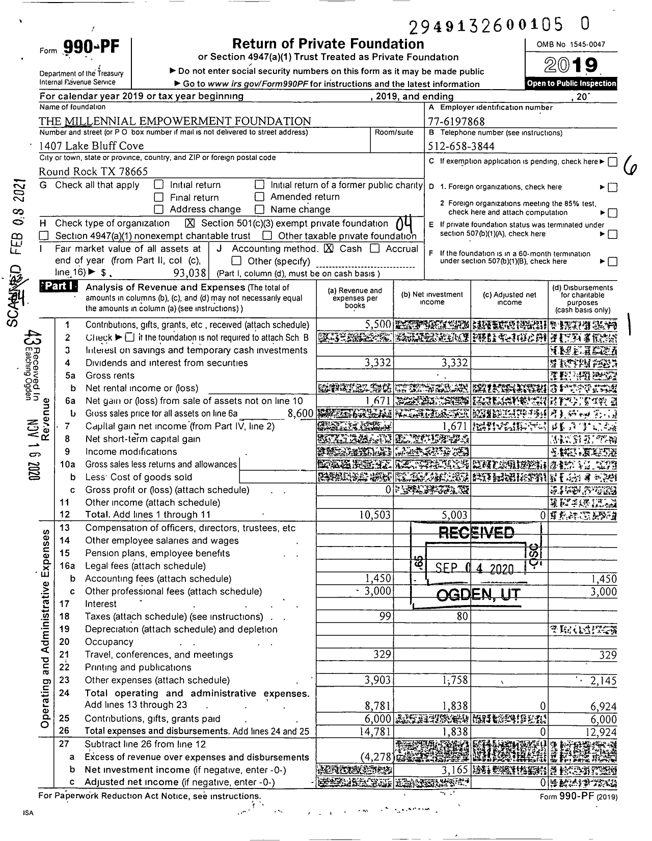 Image of first page of 2019 Form 990PF for Millennial Empowerment Foundation